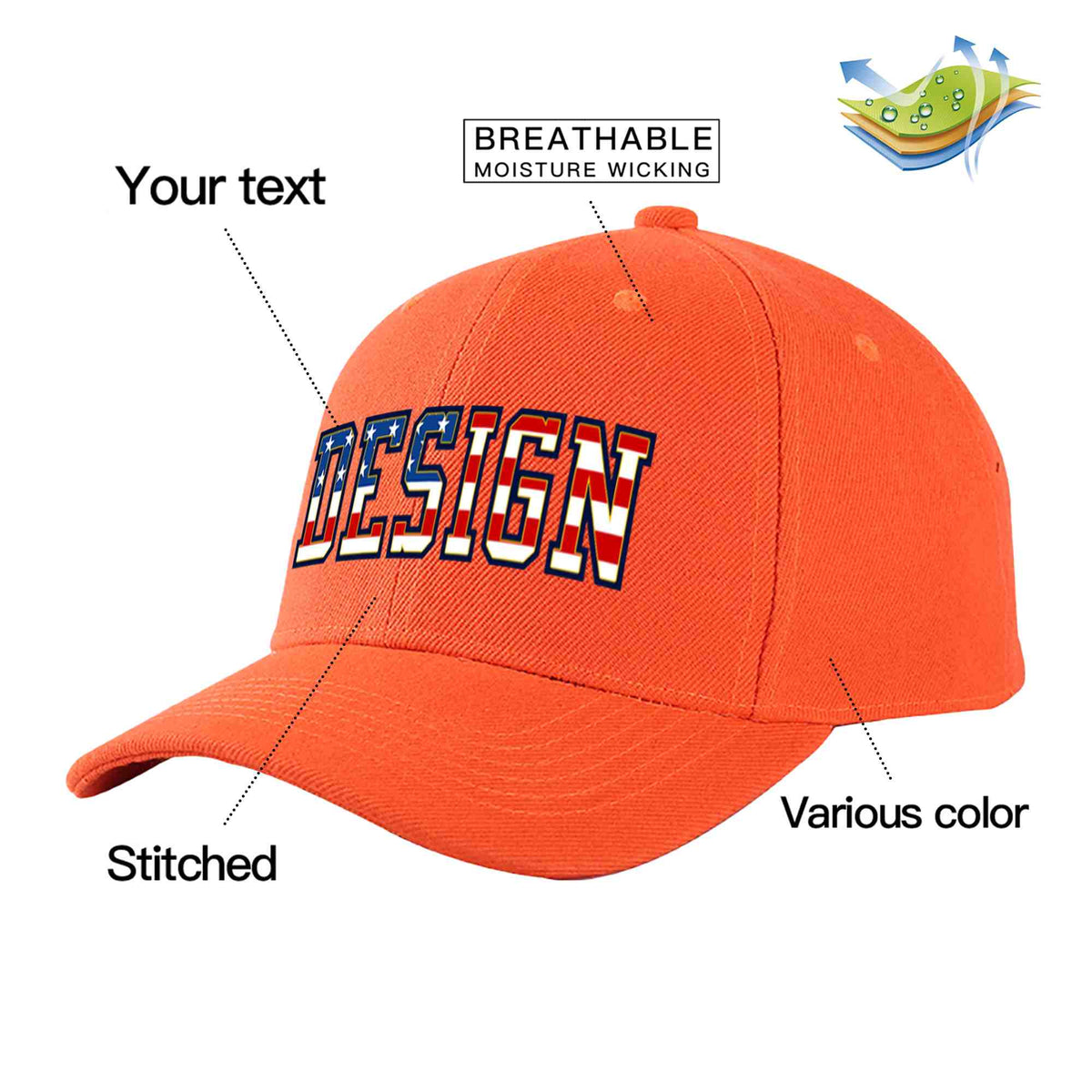 Custom Tangerine Vintage USA Flag-Gold Curved Eaves Sport Design Baseball Cap