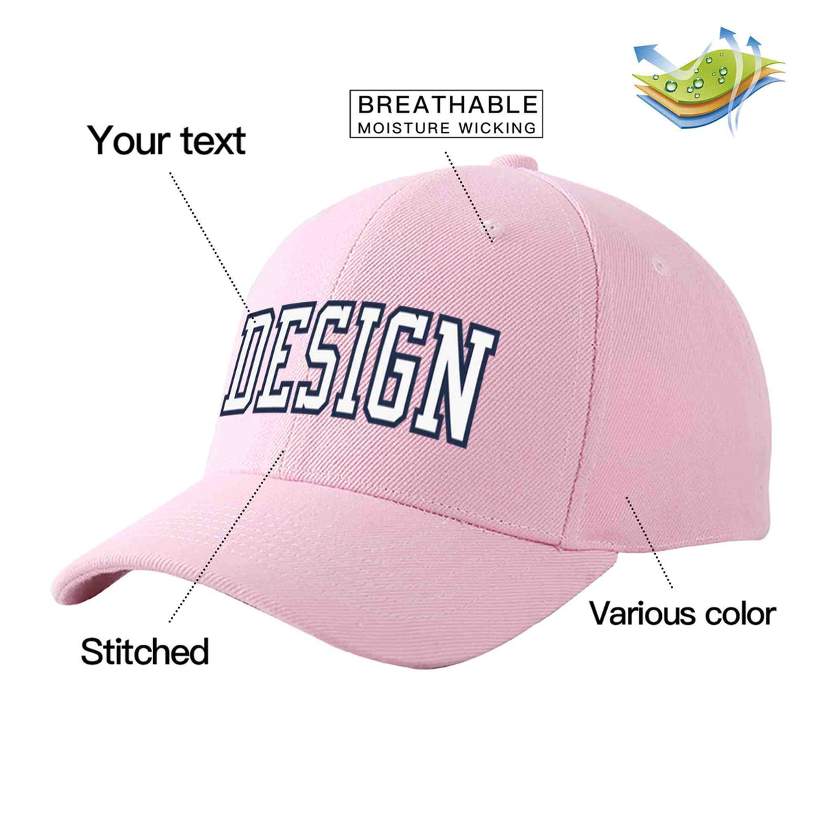 Custom Pink White-Navy Curved Eaves Sport Design Baseball Cap