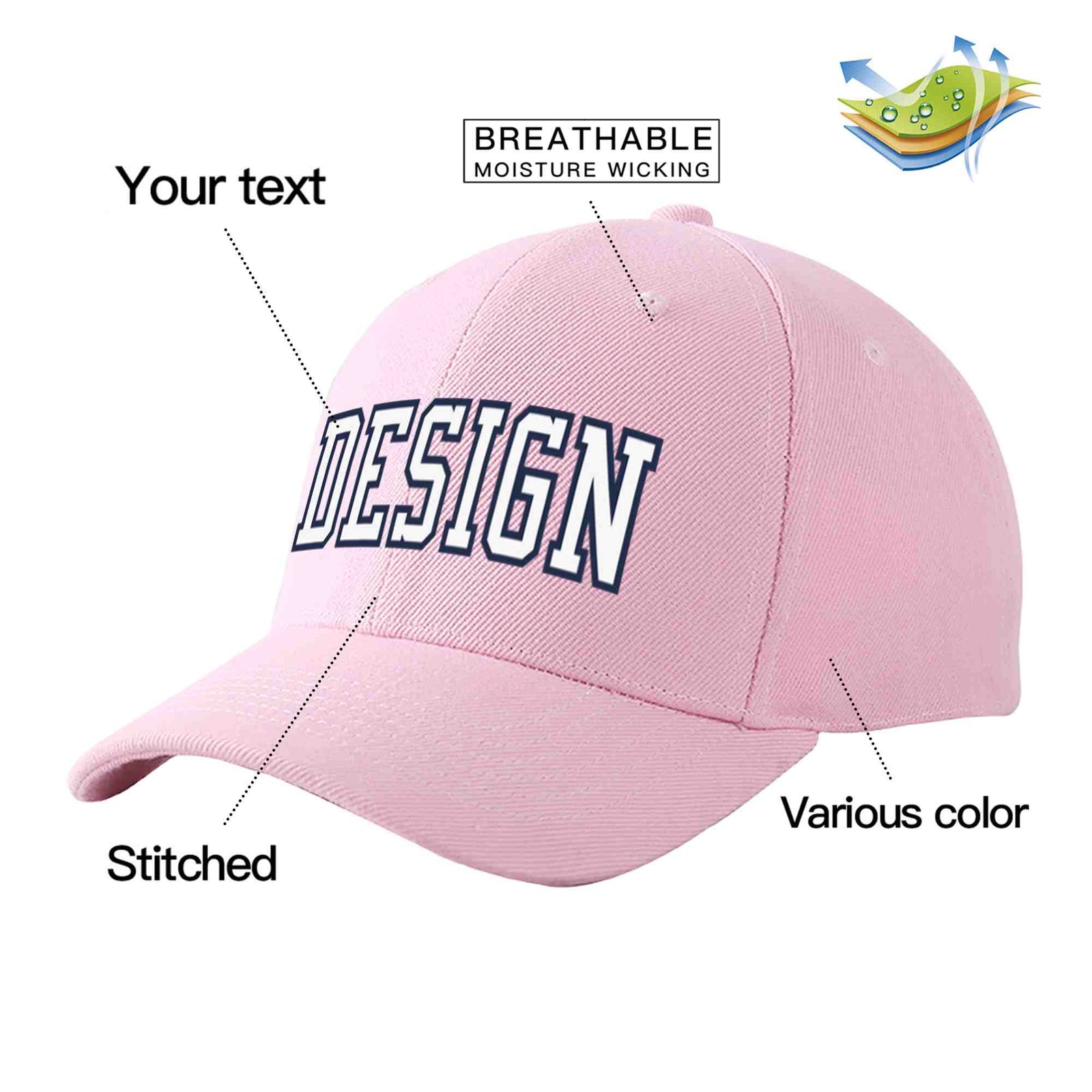 Custom Pink White-Navy Curved Eaves Sport Design Baseball Cap