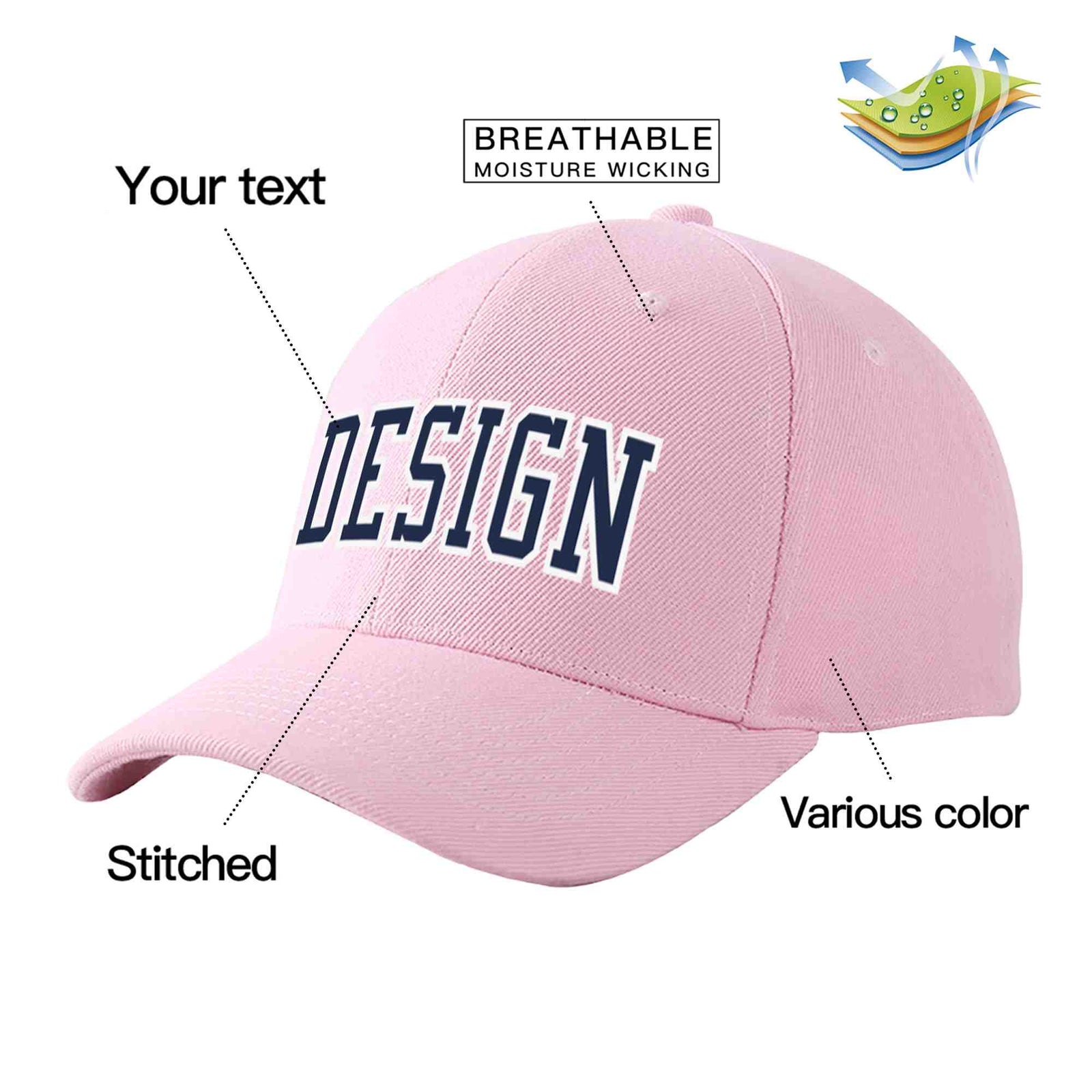Custom Pink Navy-White Curved Eaves Sport Design Baseball Cap