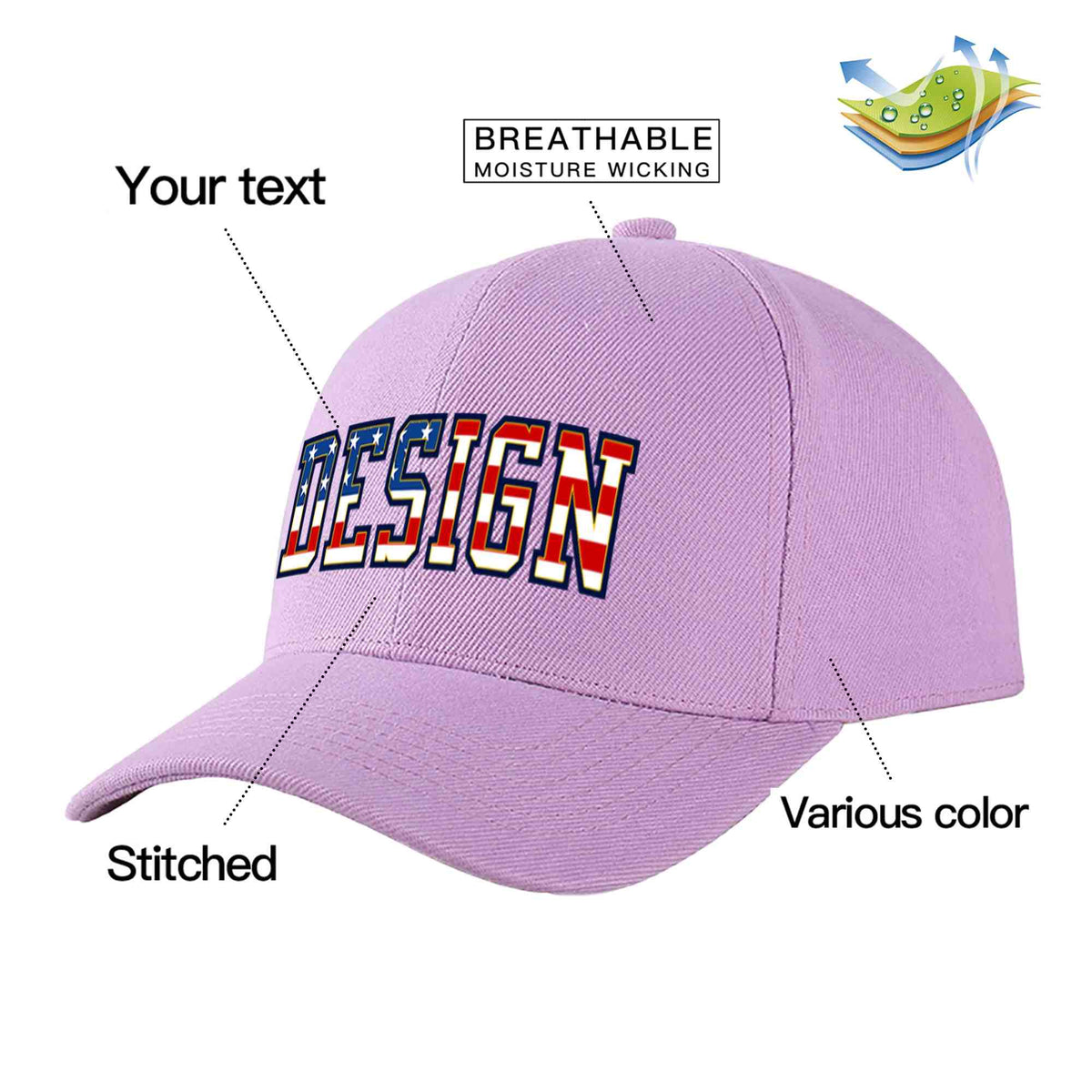 Custom Light Purple Vintage USA Flag-Gold Curved Eaves Sport Design Baseball Cap