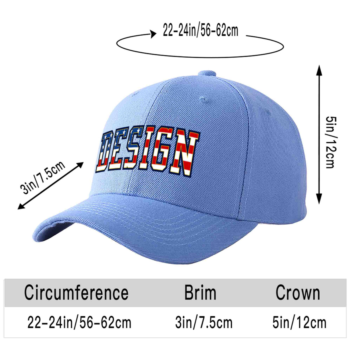 Custom Sky Blue Vintage USA Flag-Gold Curved Eaves Sport Design Baseball Cap