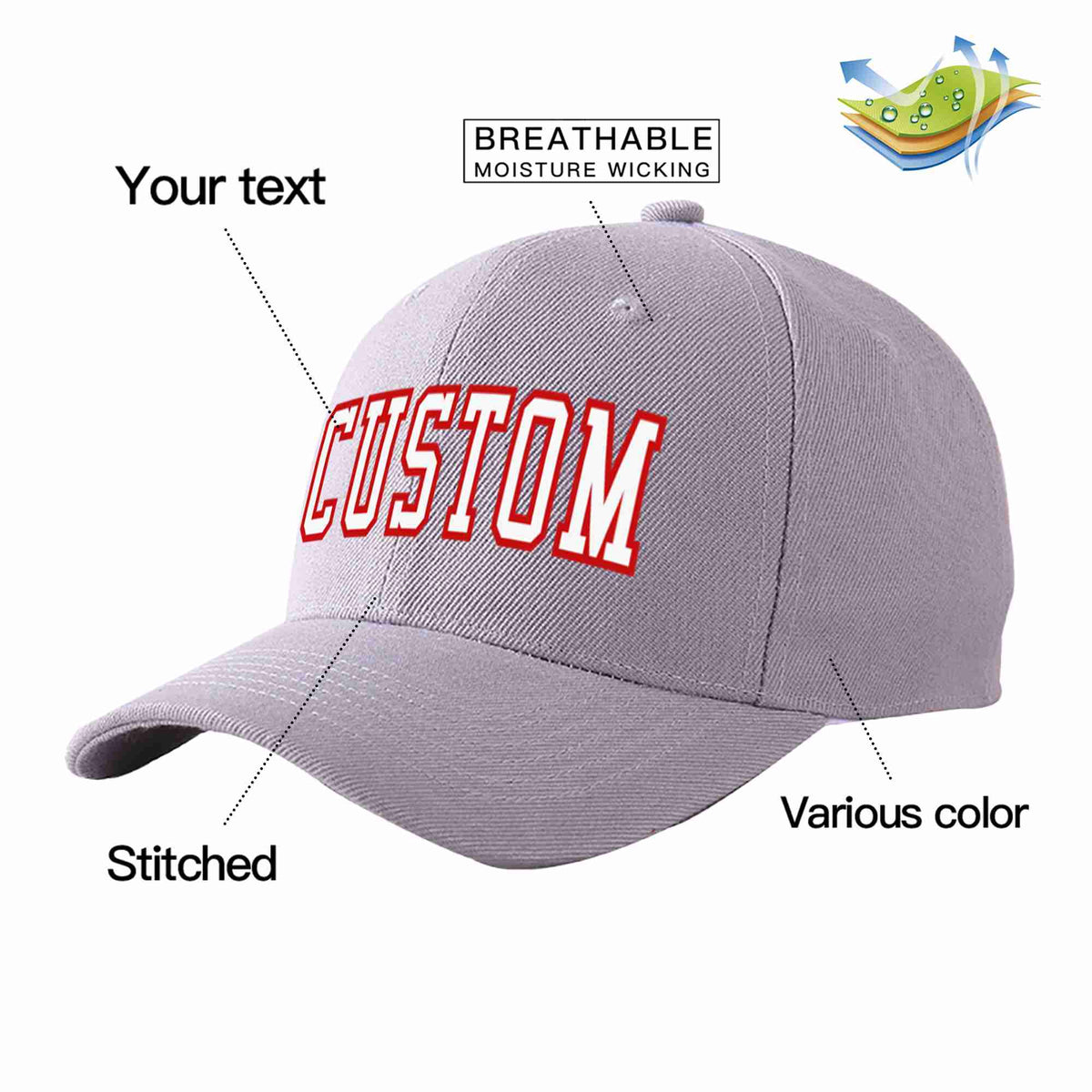 Custom Gray White-Red Curved Eaves Sport Baseball Cap Design for Men/Women/Youth