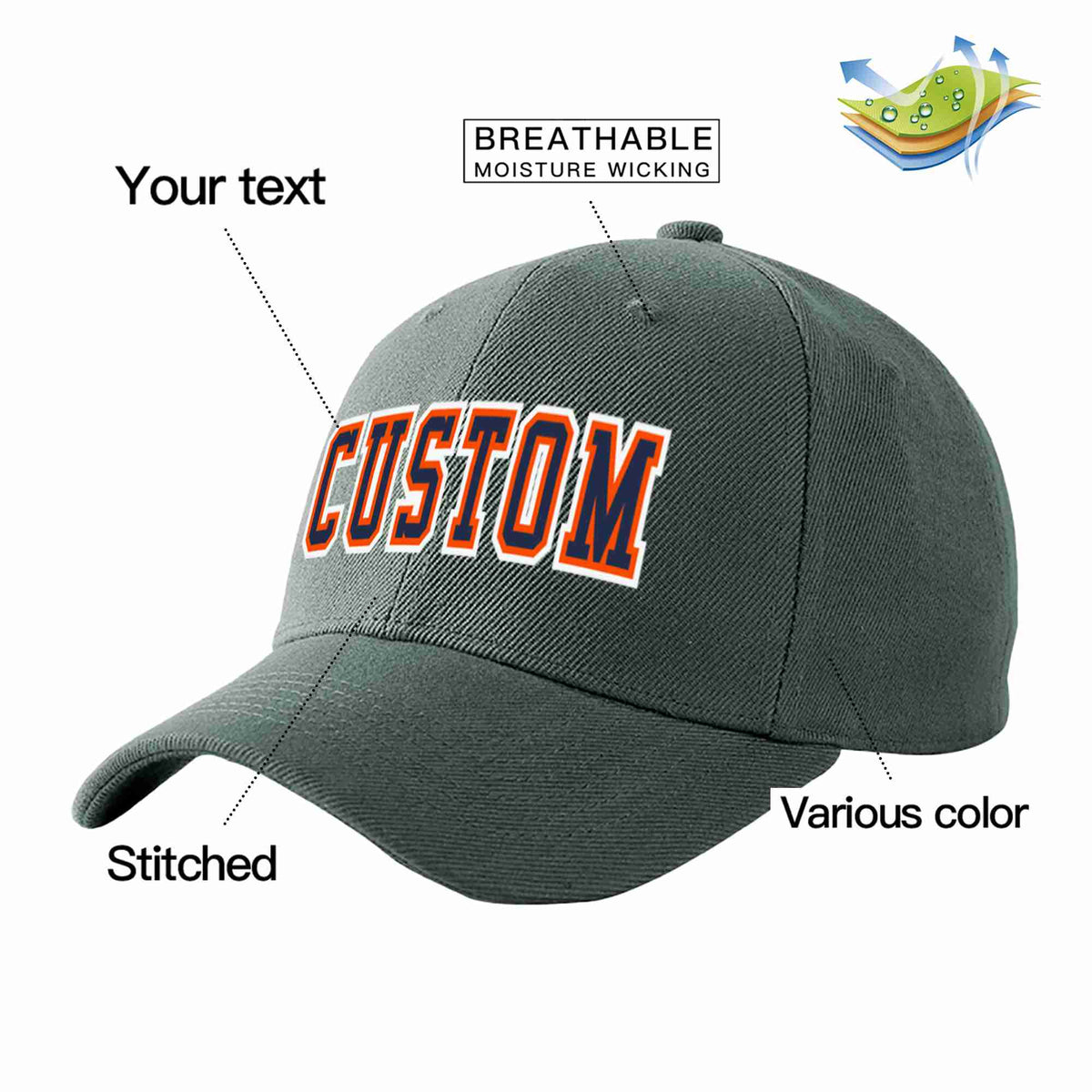 Custom Dark Gray Navy-Orange Curved Eaves Sport Baseball Cap Design for Men/Women/Youth
