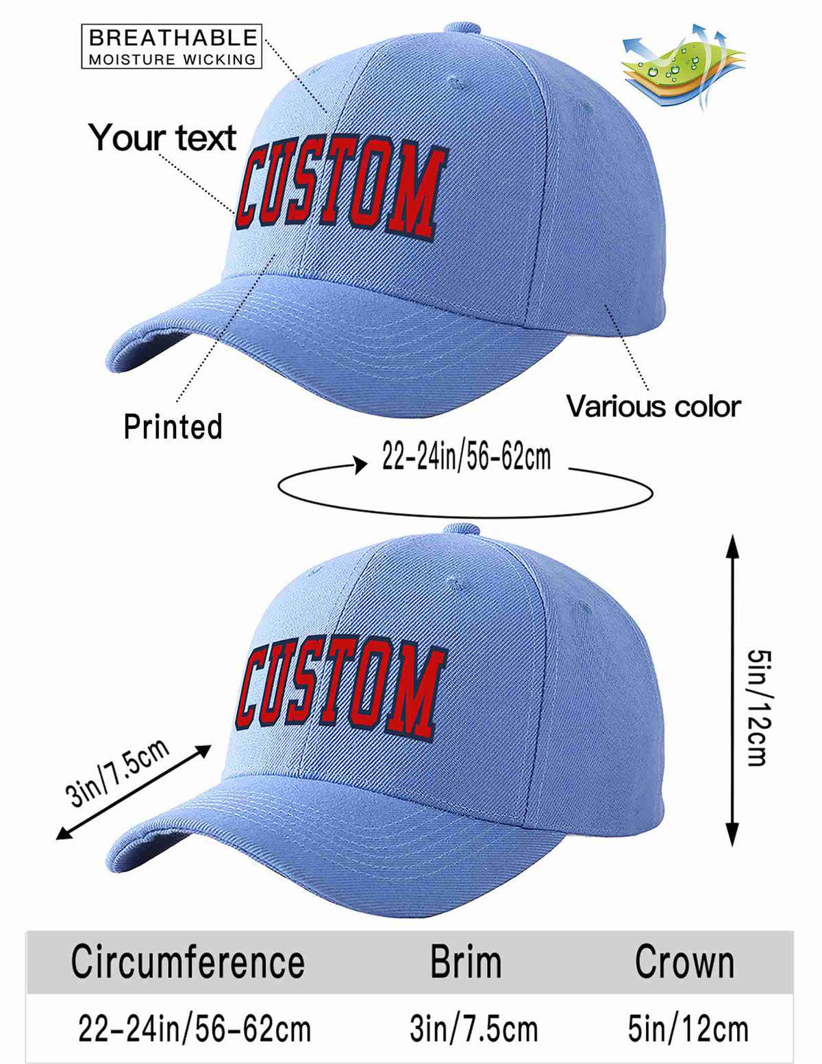 Custom Sky Blue Red-Navy Curved Eaves Sport Baseball Cap Design for Men/Women/Youth