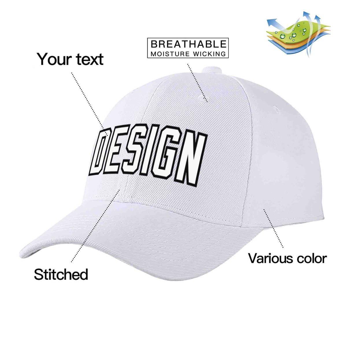 Custom White White-Black Curved Eaves Sport Design Baseball Cap