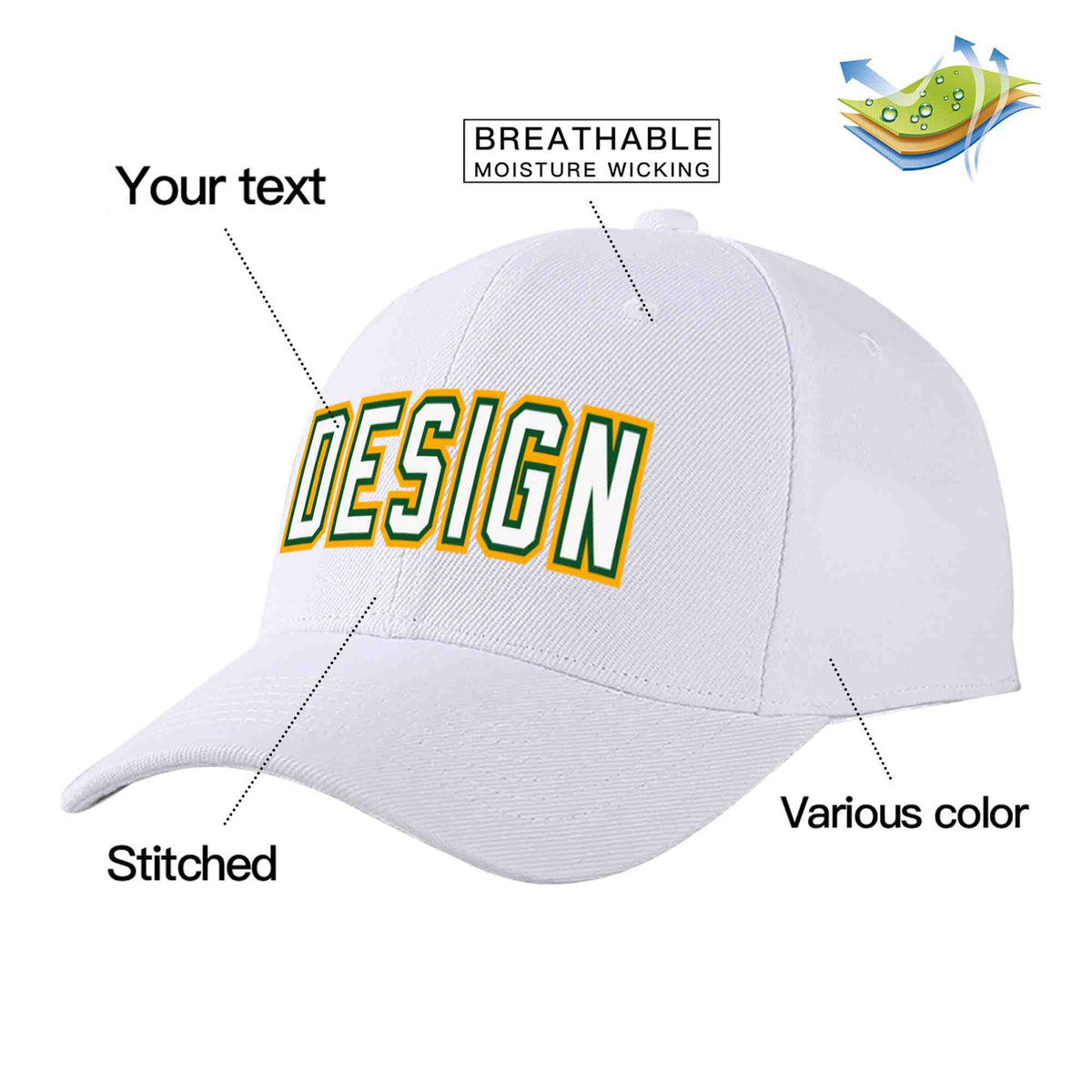 Custom White White-Kelly Green Curved Eaves Sport Design Baseball Cap
