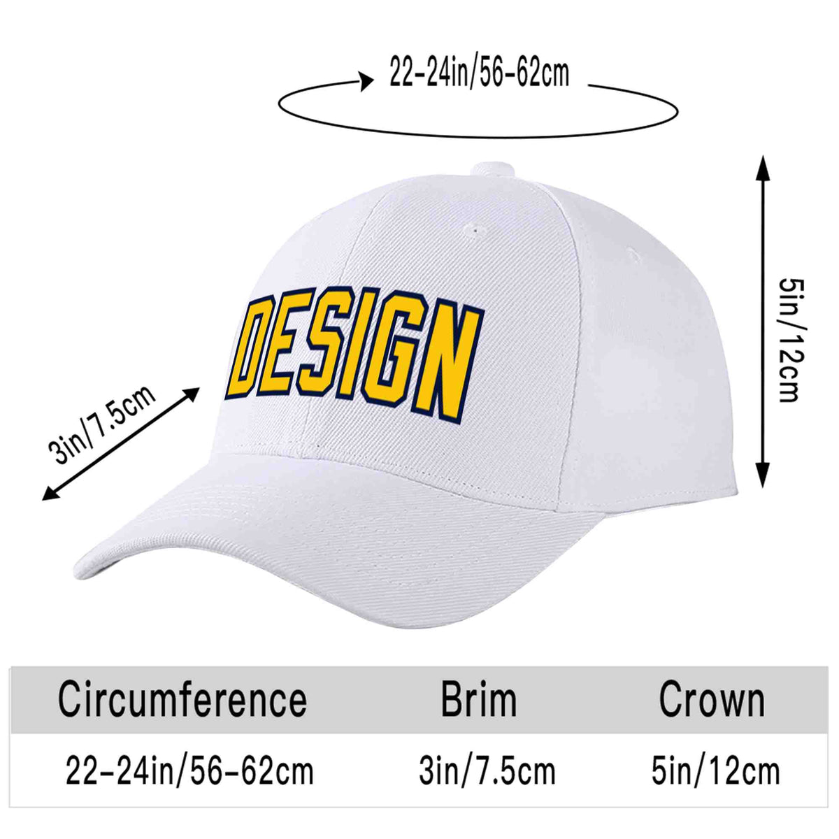 Custom White Yellow-Navy Curved Eaves Sport Design Baseball Cap