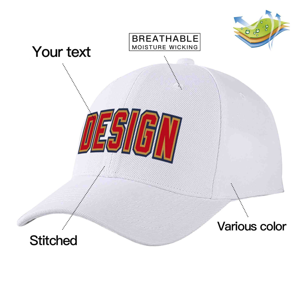 Custom White Red-Old Gold Curved Eaves Sport Design Baseball Cap