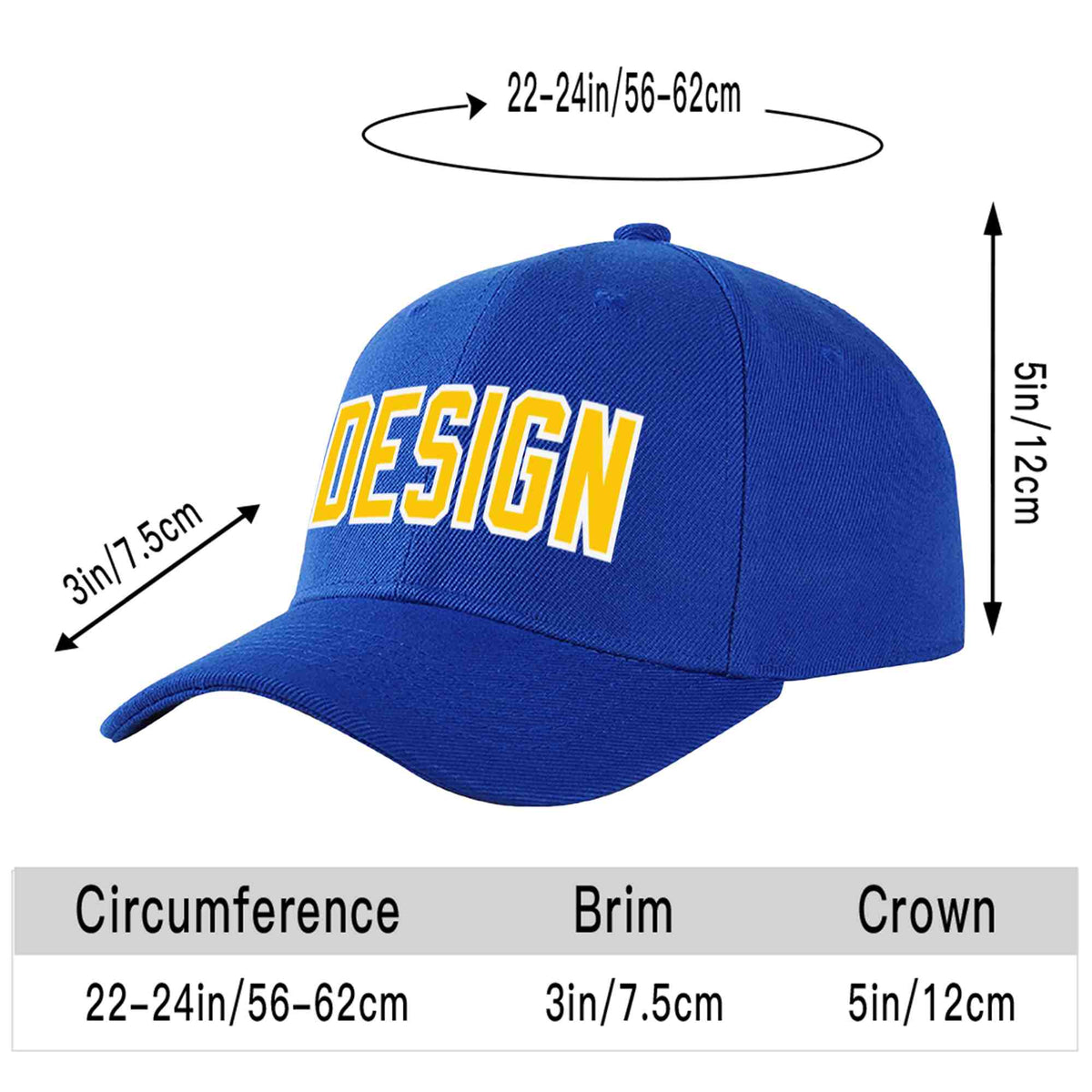Custom Royal Yellow-White Curved Eaves Sport Design Baseball Cap