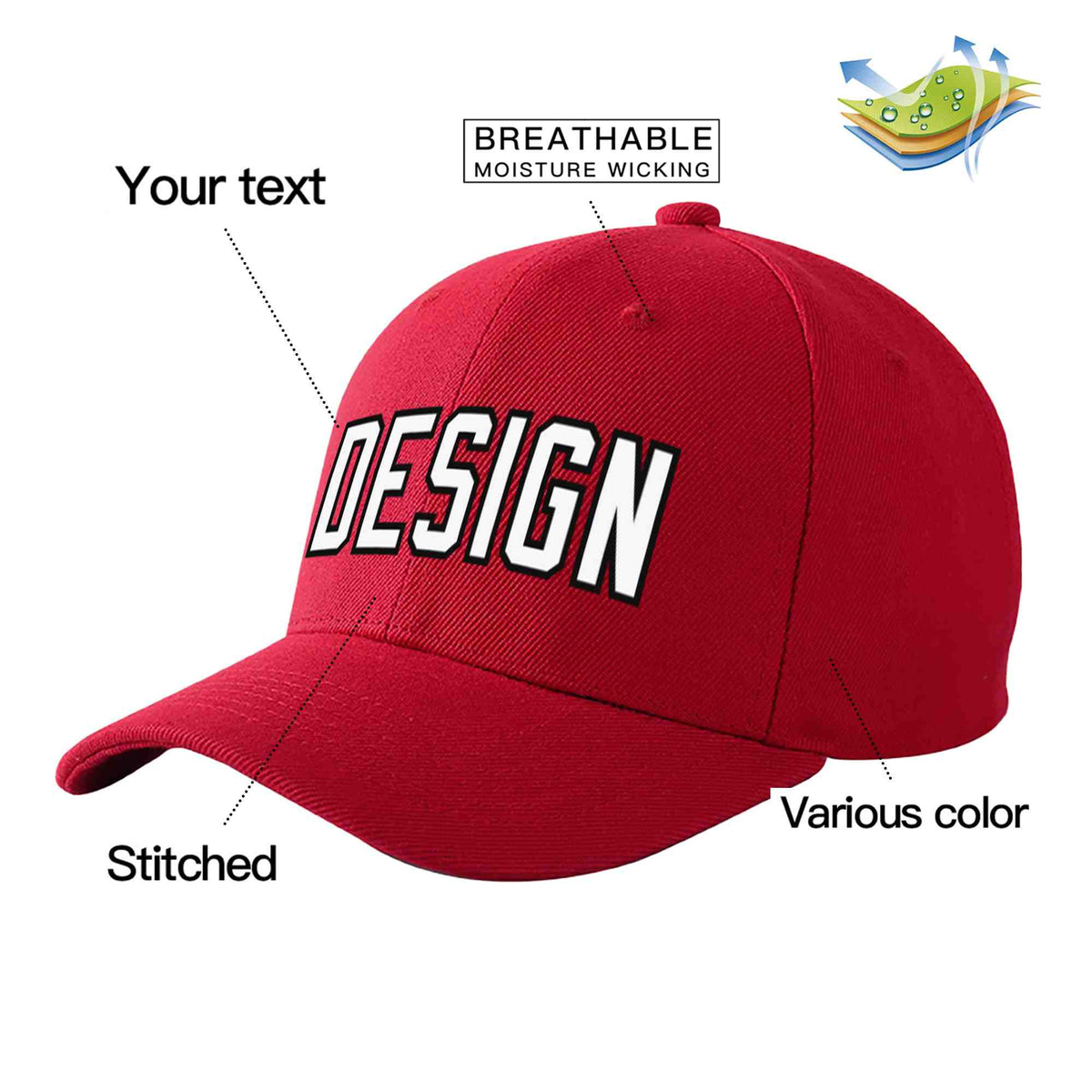 Custom Red White-Black Curved Eaves Sport Design Baseball Cap