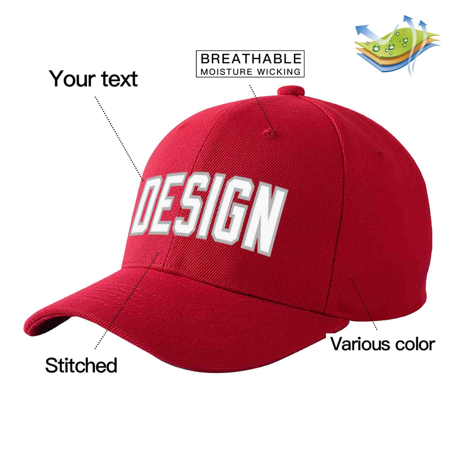 Custom Red White-Gray Curved Eaves Sport Design Baseball Cap