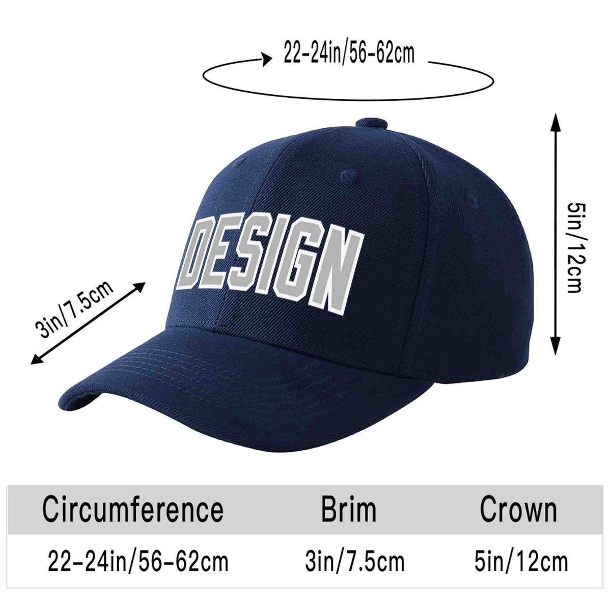 Custom Navy Gray-White Curved Eaves Sport Design Baseball Cap