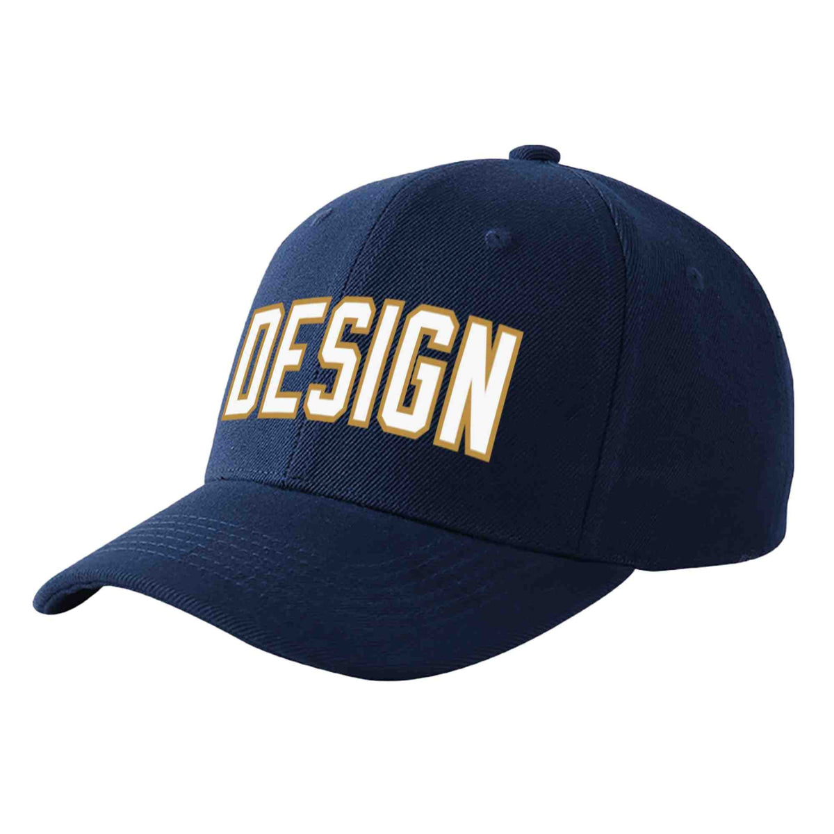 Custom Navy White-Old Gold Curved Eaves Sport Design Baseball Cap