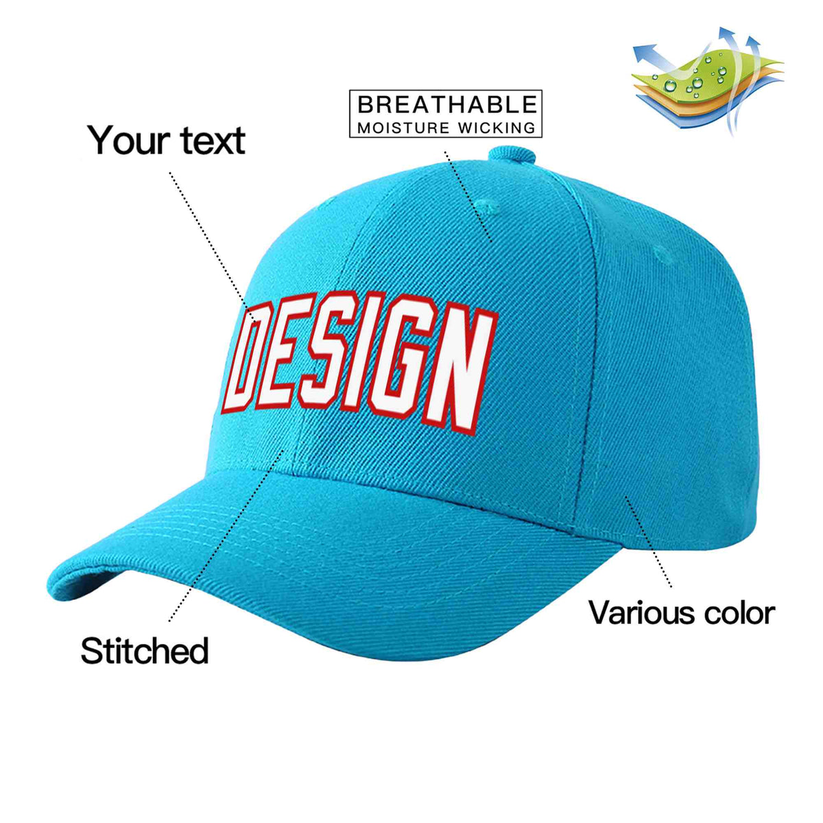 Custom Aqua White-Red Curved Eaves Sport Design Baseball Cap