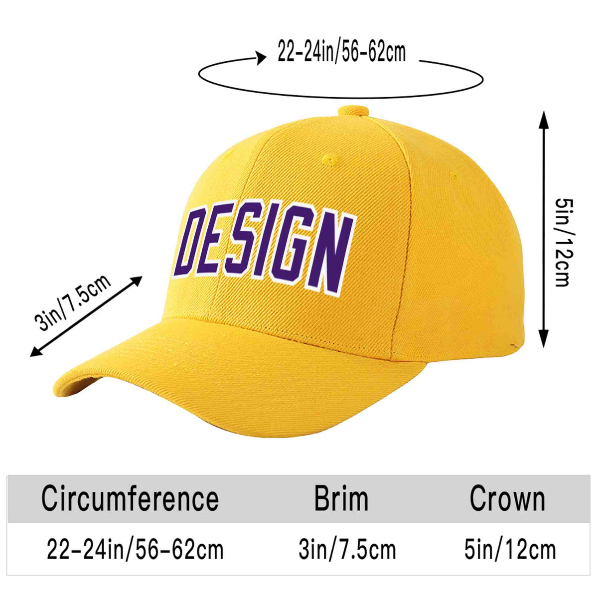 Custom Gold Purple-White Curved Eaves Sport Design Baseball Cap