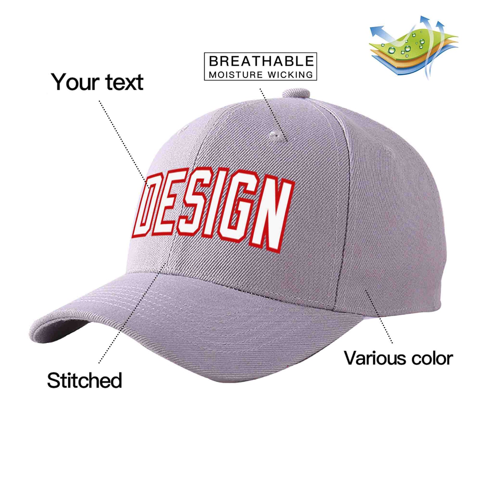 Custom Gray White-Red Curved Eaves Sport Design Baseball Cap