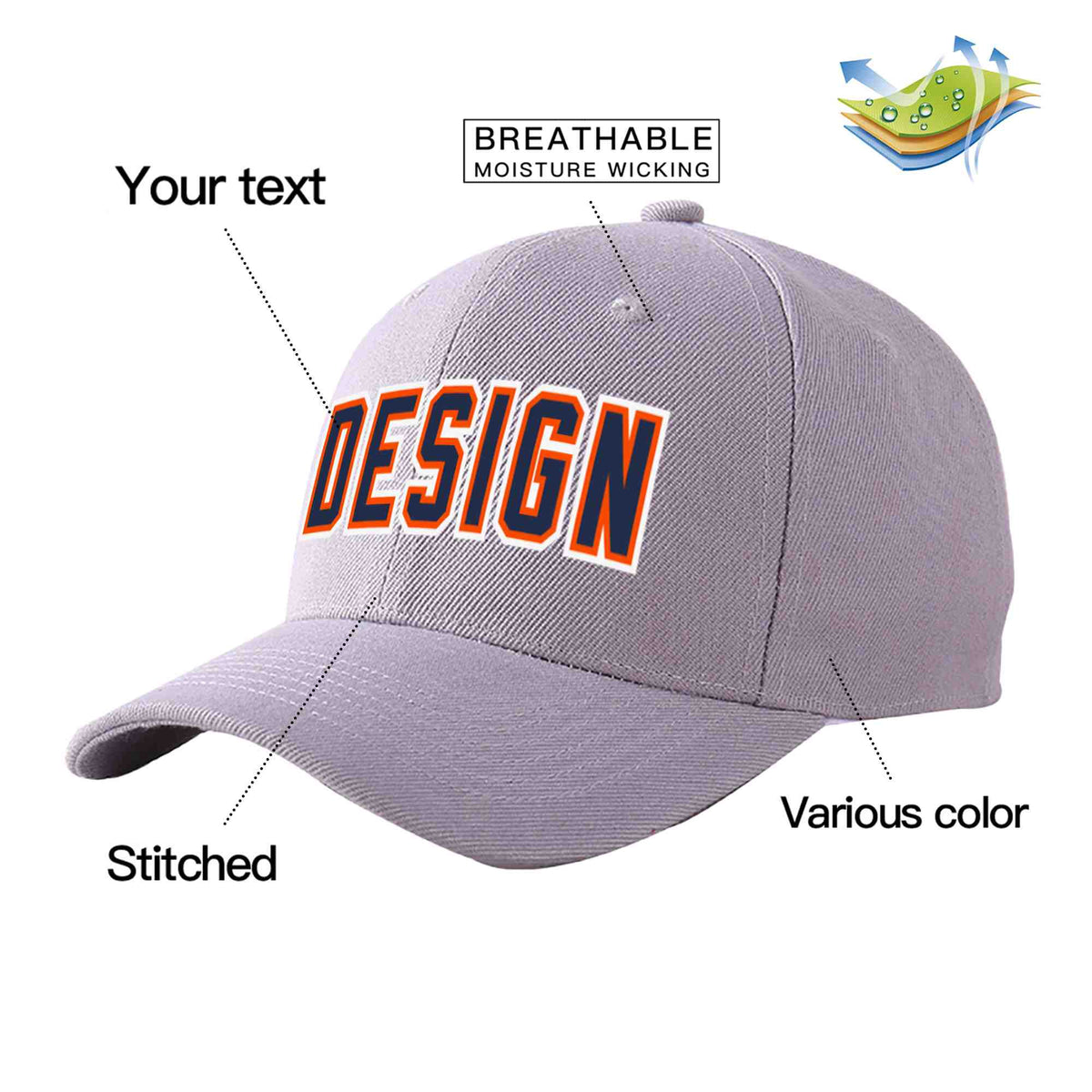 Custom Gray Navy-Orange Curved Eaves Sport Design Baseball Cap