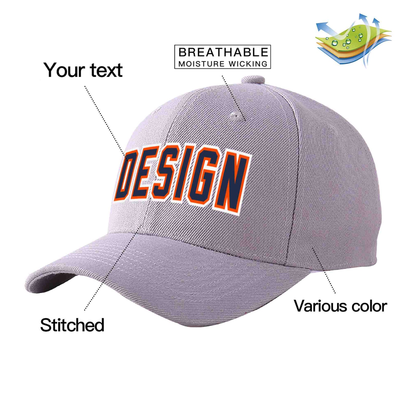 Custom Gray Navy-Orange Curved Eaves Sport Design Baseball Cap