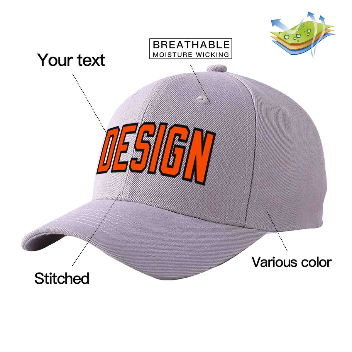 Custom Gray Orange-Black Curved Eaves Sport Design Baseball Cap