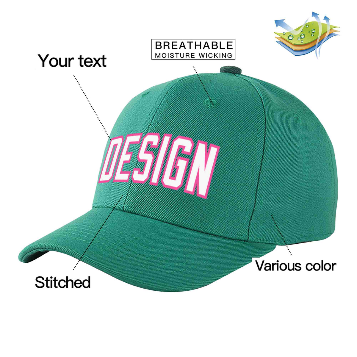Custom Light Green White-Pink Curved Eaves Sport Design Baseball Cap