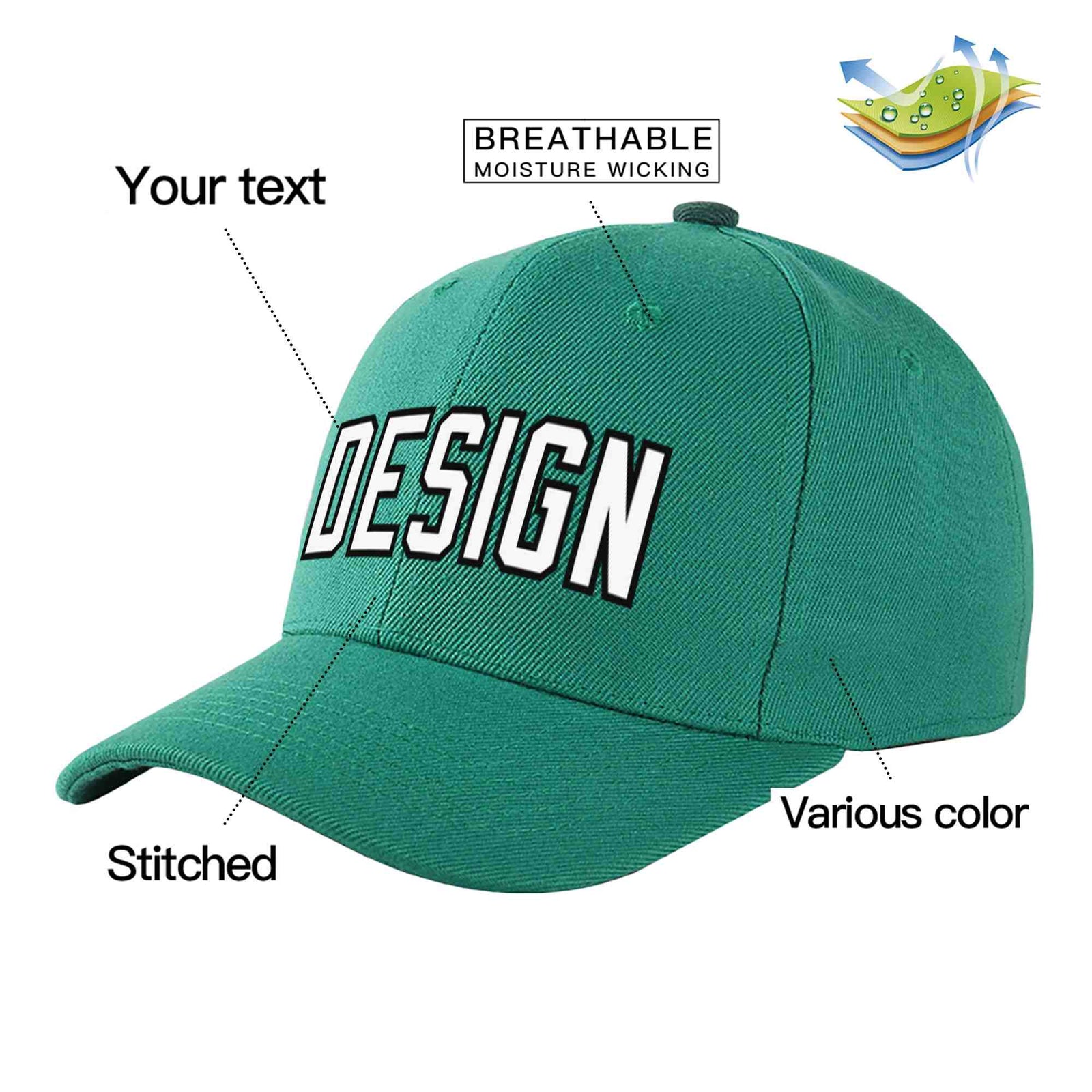 Custom Light Green White-Black Curved Eaves Sport Design Baseball Cap