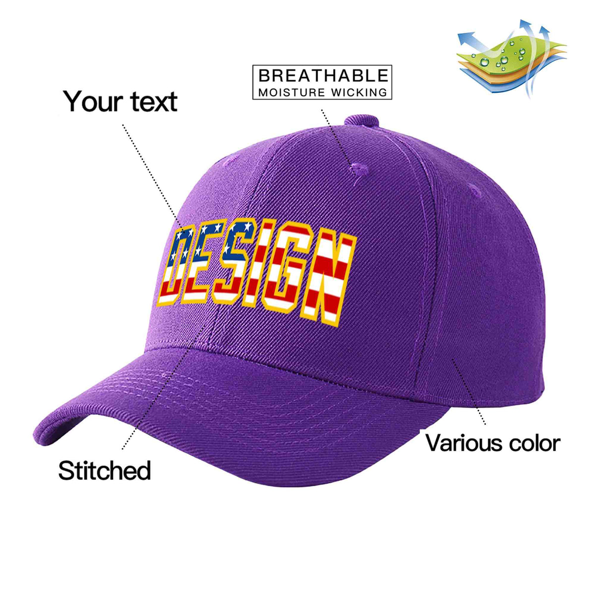 Custom Purple Vintage USA Flag-Gold Curved Eaves Sport Design Baseball Cap