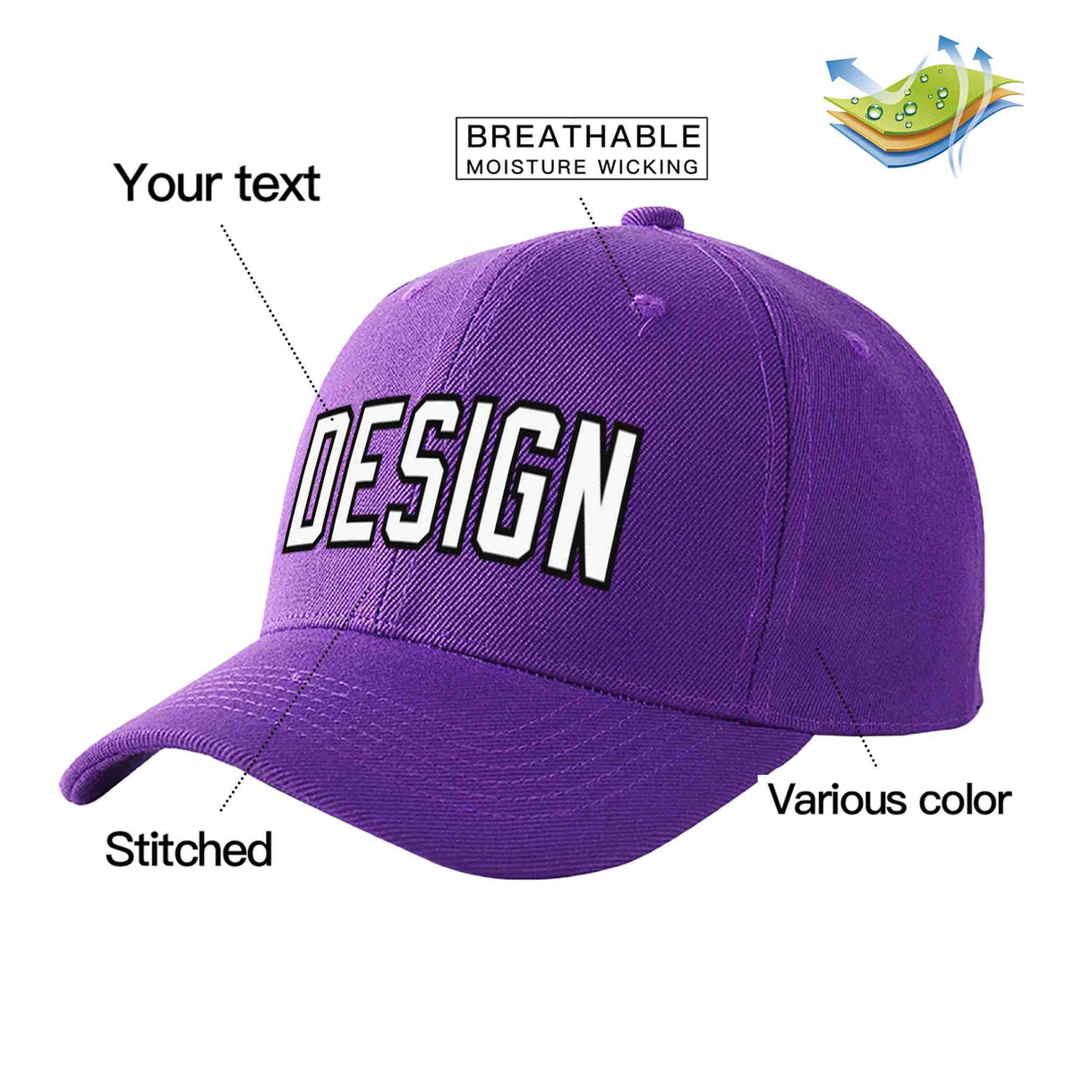 Custom Purple White-Black Curved Eaves Sport Design Baseball Cap