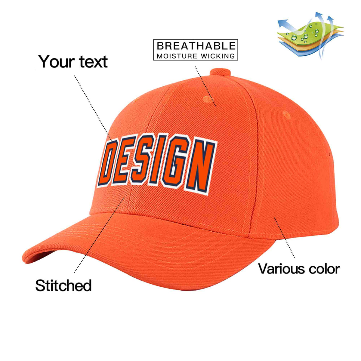 Custom Tangerine Orange-Navy Curved Eaves Sport Design Baseball Cap