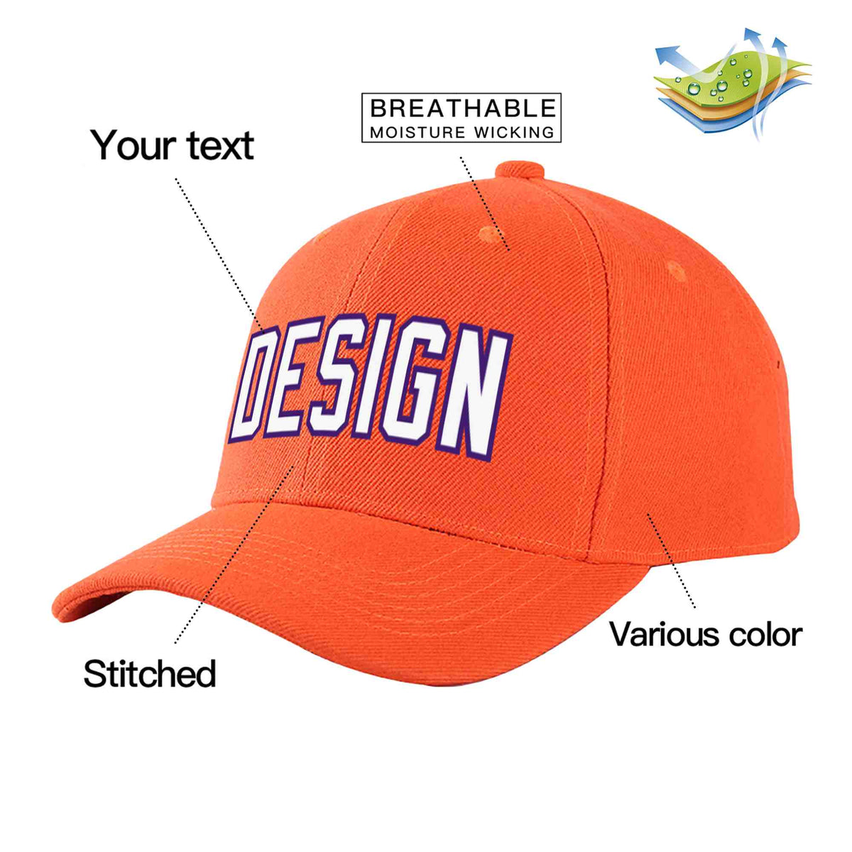 Custom Tangerine White-Purple Curved Eaves Sport Design Baseball Cap