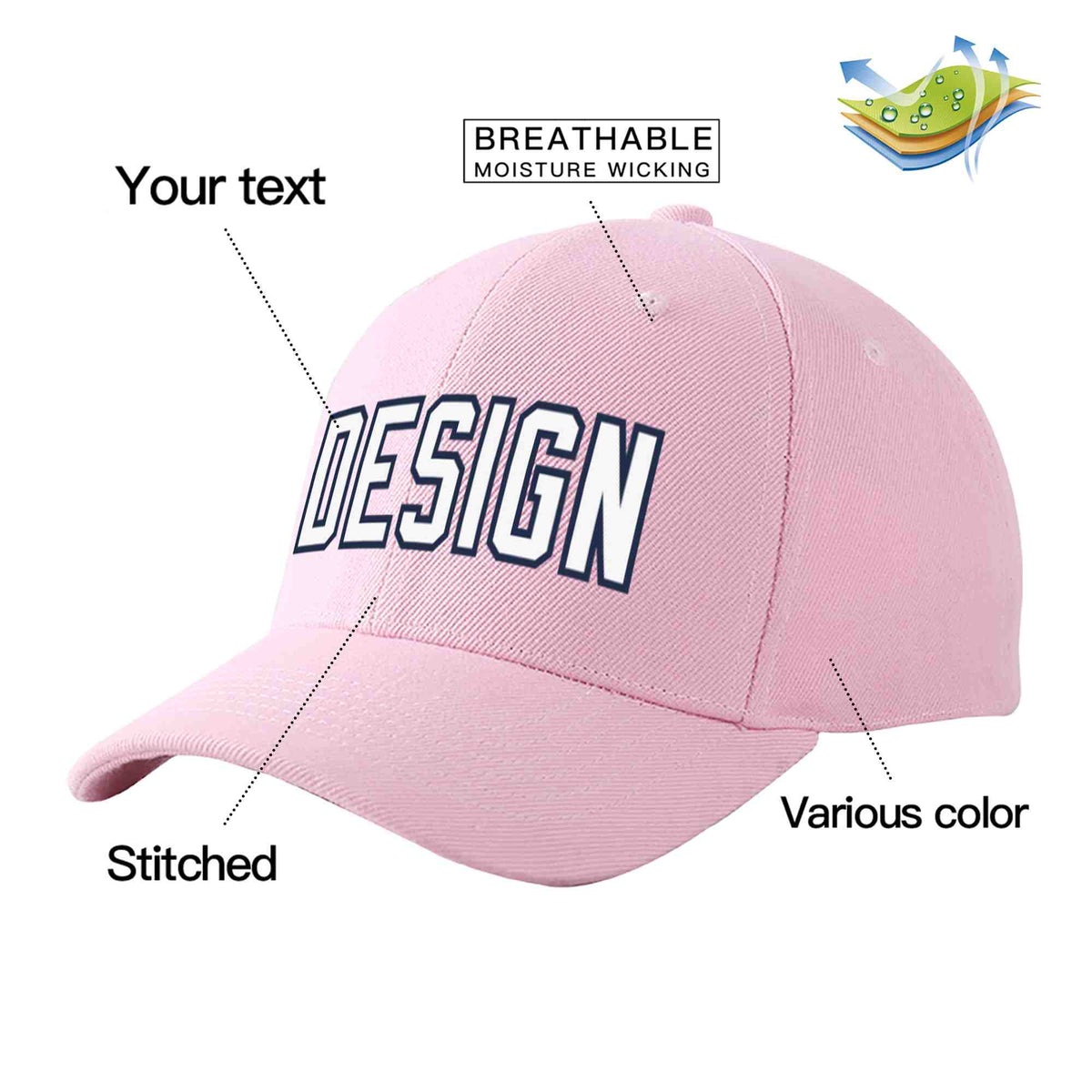 Custom Pink White-Navy Curved Eaves Sport Design Baseball Cap