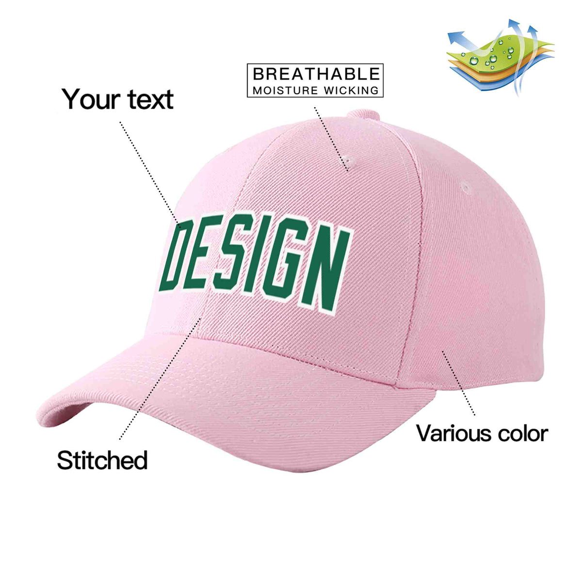 Custom Pink Kelly Green-White Curved Eaves Sport Design Baseball Cap