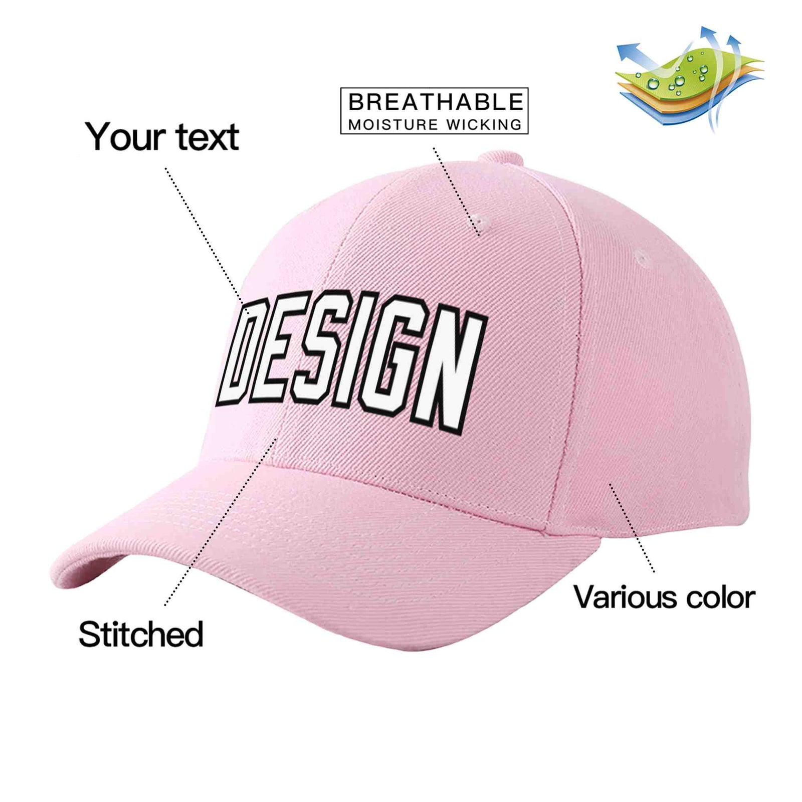 Custom Pink White-Black Curved Eaves Sport Design Baseball Cap