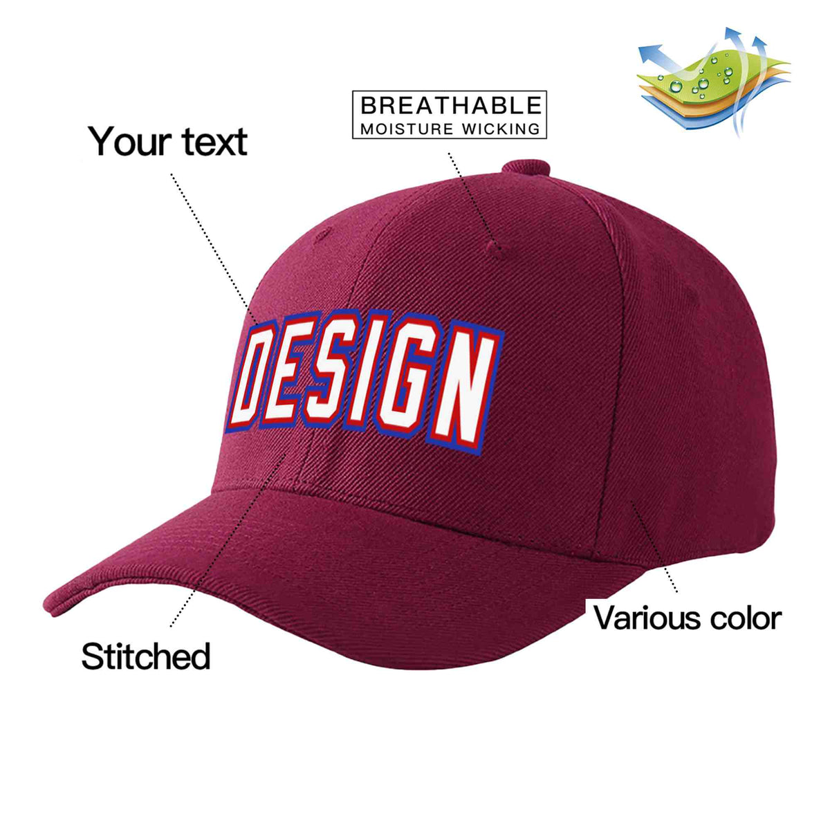 Custom Red Wine White-Red Curved Eaves Sport Design Baseball Cap