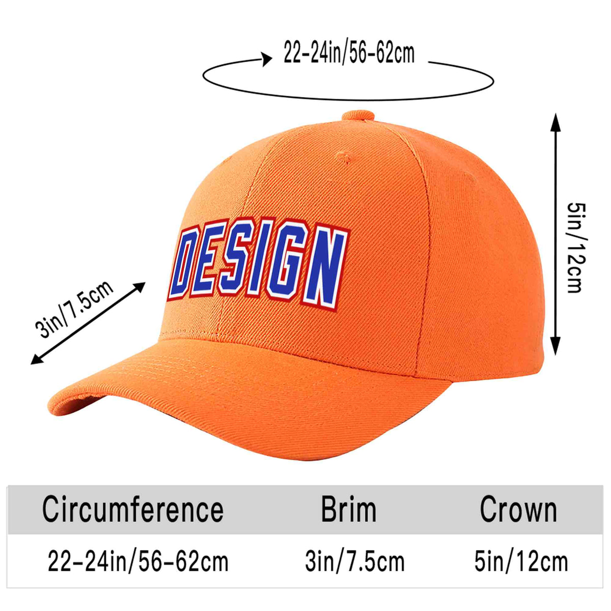 Custom Orange Royal-White Curved Eaves Sport Design Baseball Cap