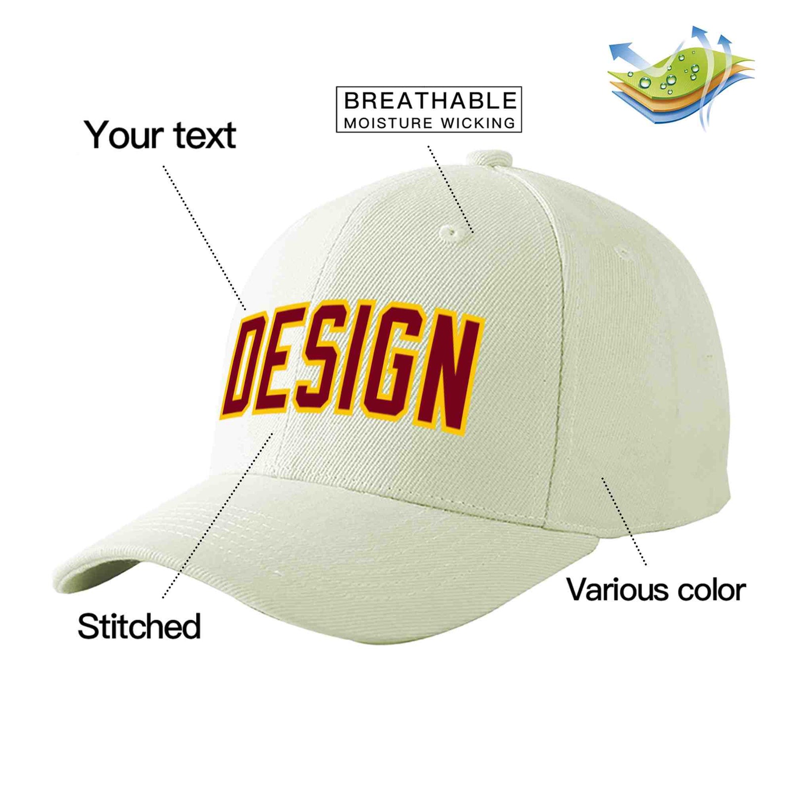 Custom Cream Crimson-Gold Curved Eaves Sport Design Baseball Cap