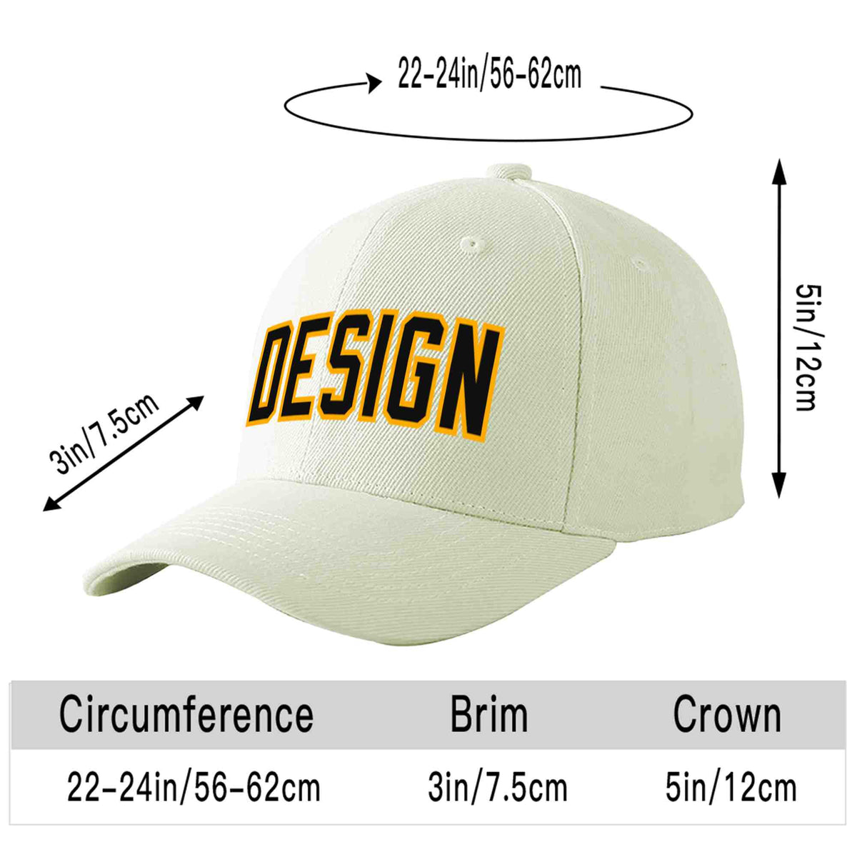 Custom Cream Black-Yellow Curved Eaves Sport Design Baseball Cap