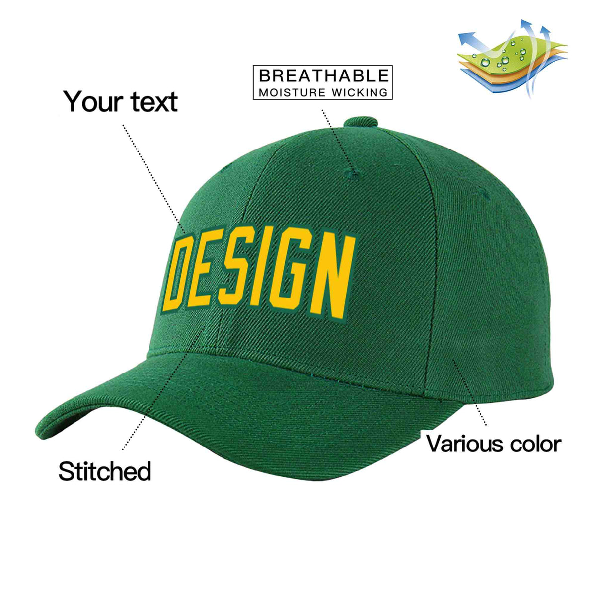 Custom Green Gold-Kelly Green Curved Eaves Sport Design Baseball Cap
