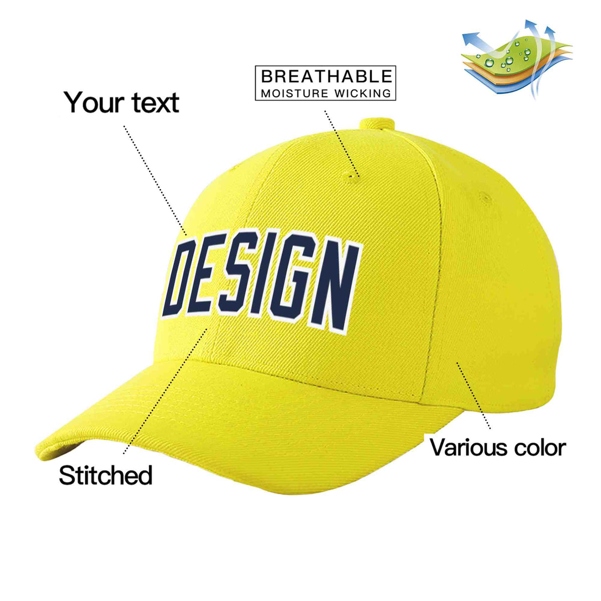 Custom Yellow Navy-White Curved Eaves Sport Design Baseball Cap