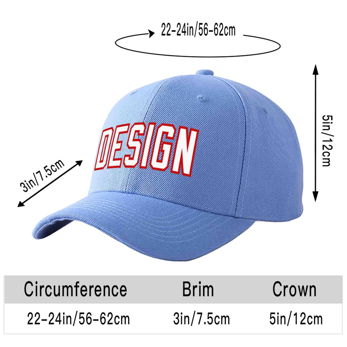 Custom Sky Blue White-Red Curved Eaves Sport Design Baseball Cap