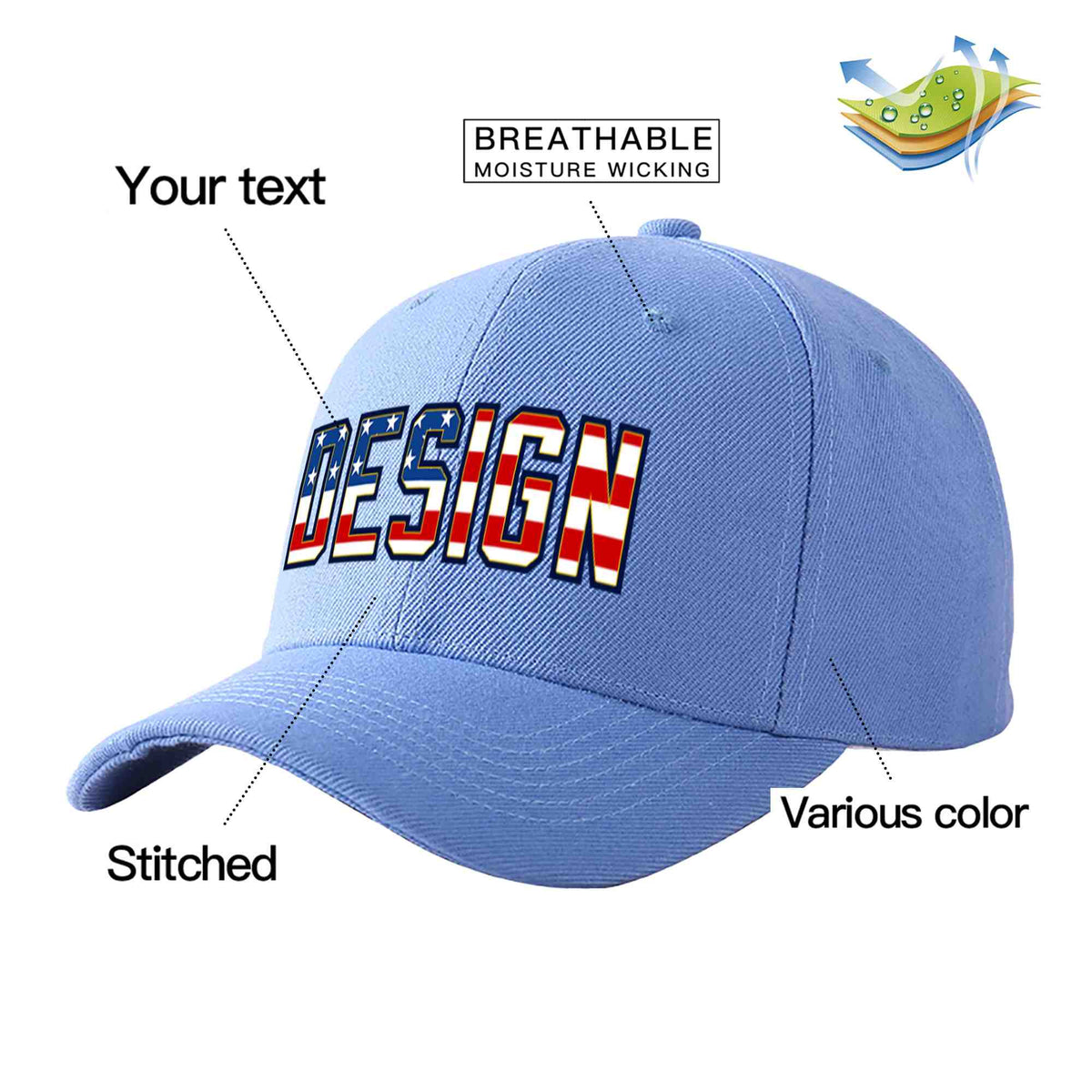 Custom Sky Blue Vintage USA Flag-Gold Curved Eaves Sport Design Baseball Cap