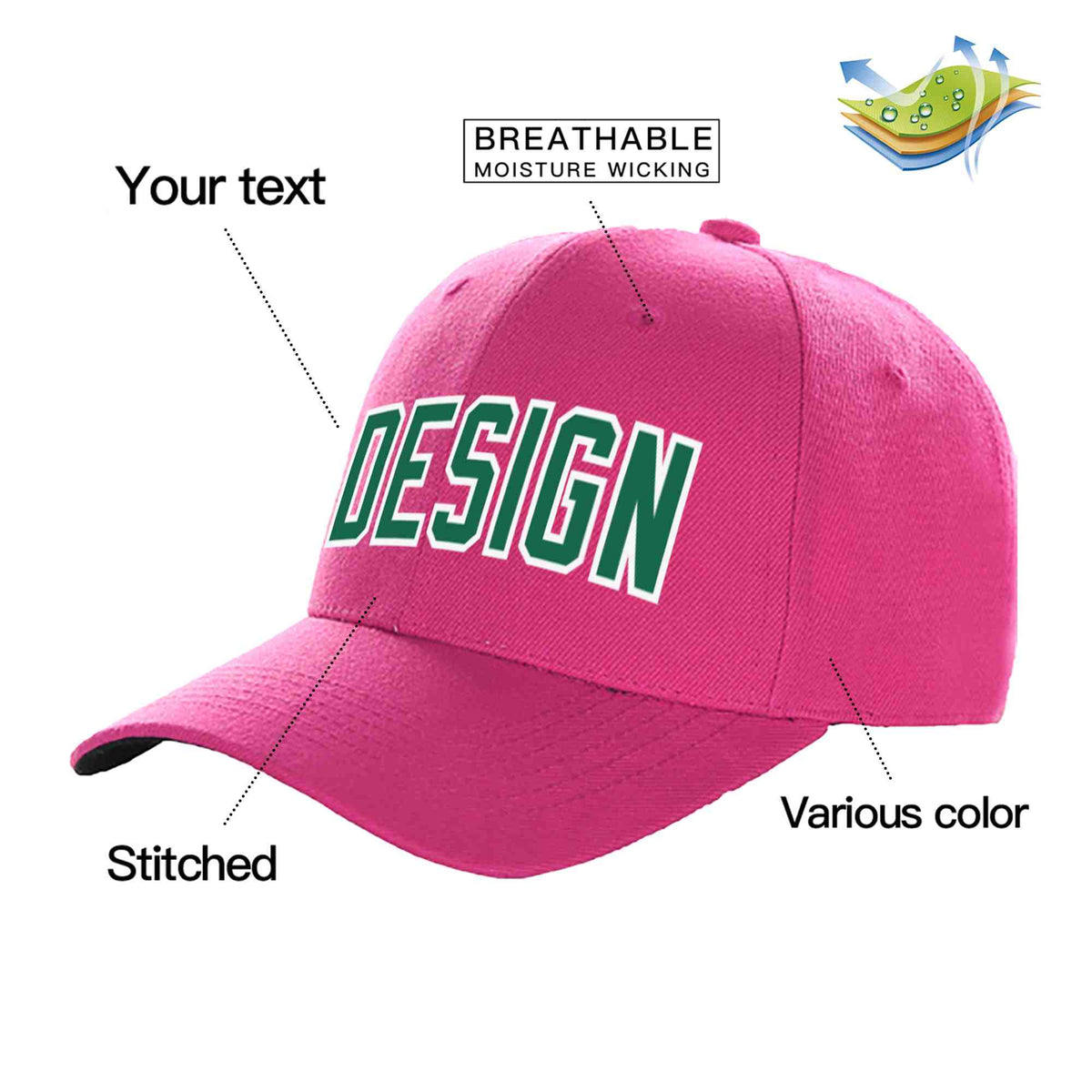 Custom Rose Red Kelly Green-White Curved Eaves Sport Design Baseball Cap