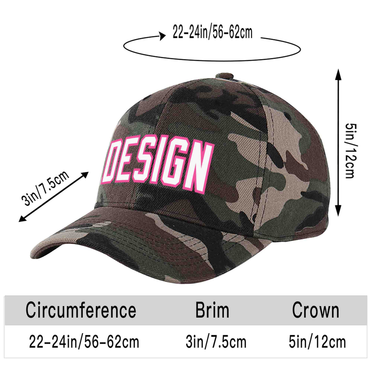 Custom Camo White-Pink Curved Eaves Sport Design Baseball Cap