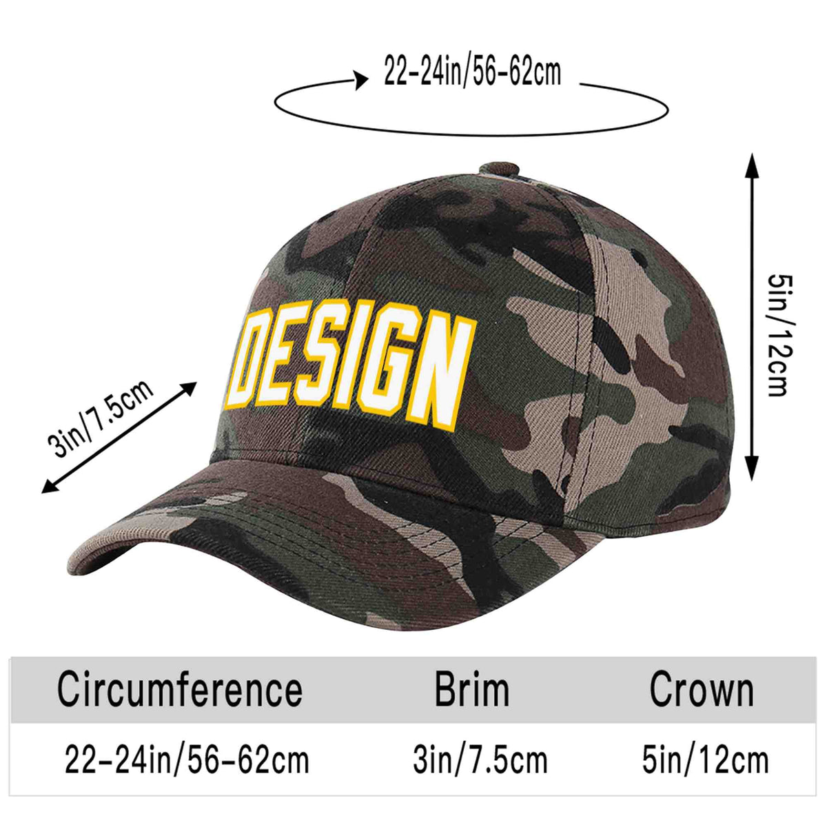 Custom Camo White-Gold Curved Eaves Sport Design Baseball Cap