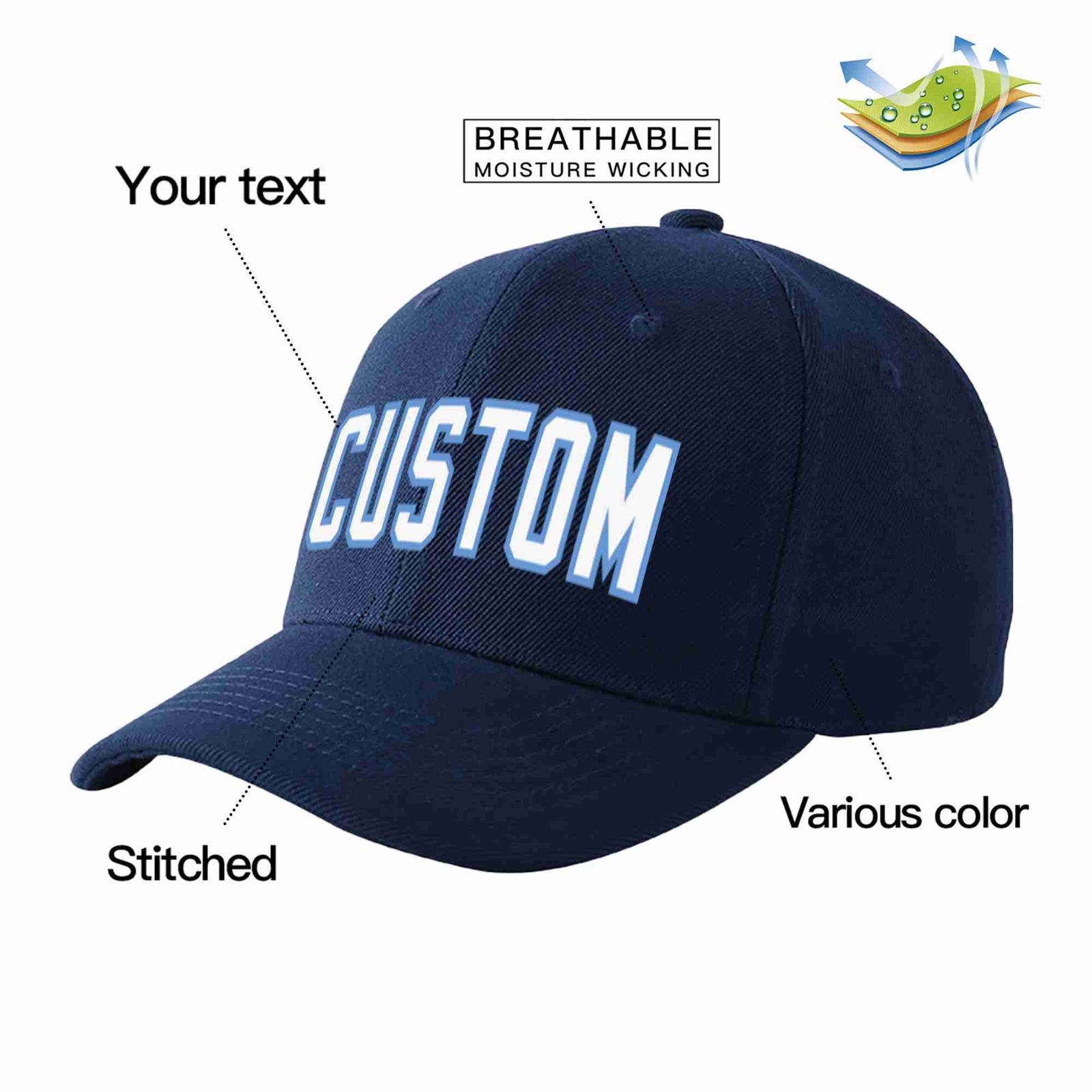 Custom Navy White-Light Blue Curved Eaves Sport Baseball Cap Design for Men/Women/Youth