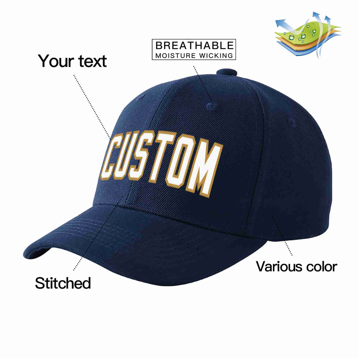 Custom Navy White-Old Gold Curved Eaves Sport Baseball Cap Design for Men/Women/Youth