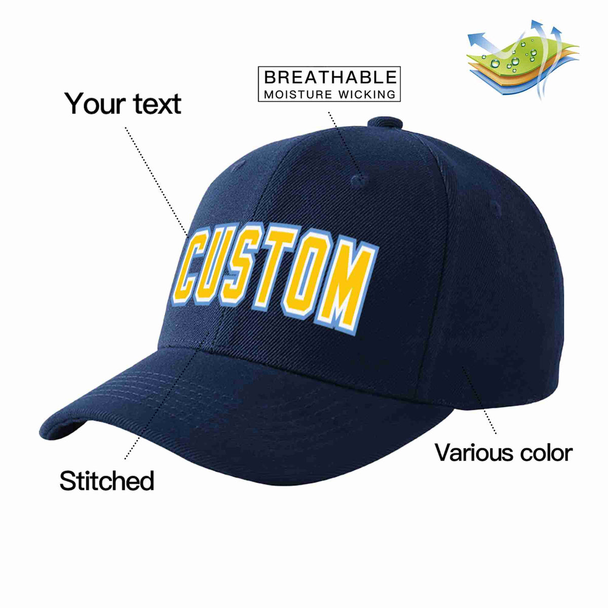 Custom Navy Gold-White Curved Eaves Sport Baseball Cap Design for Men/Women/Youth