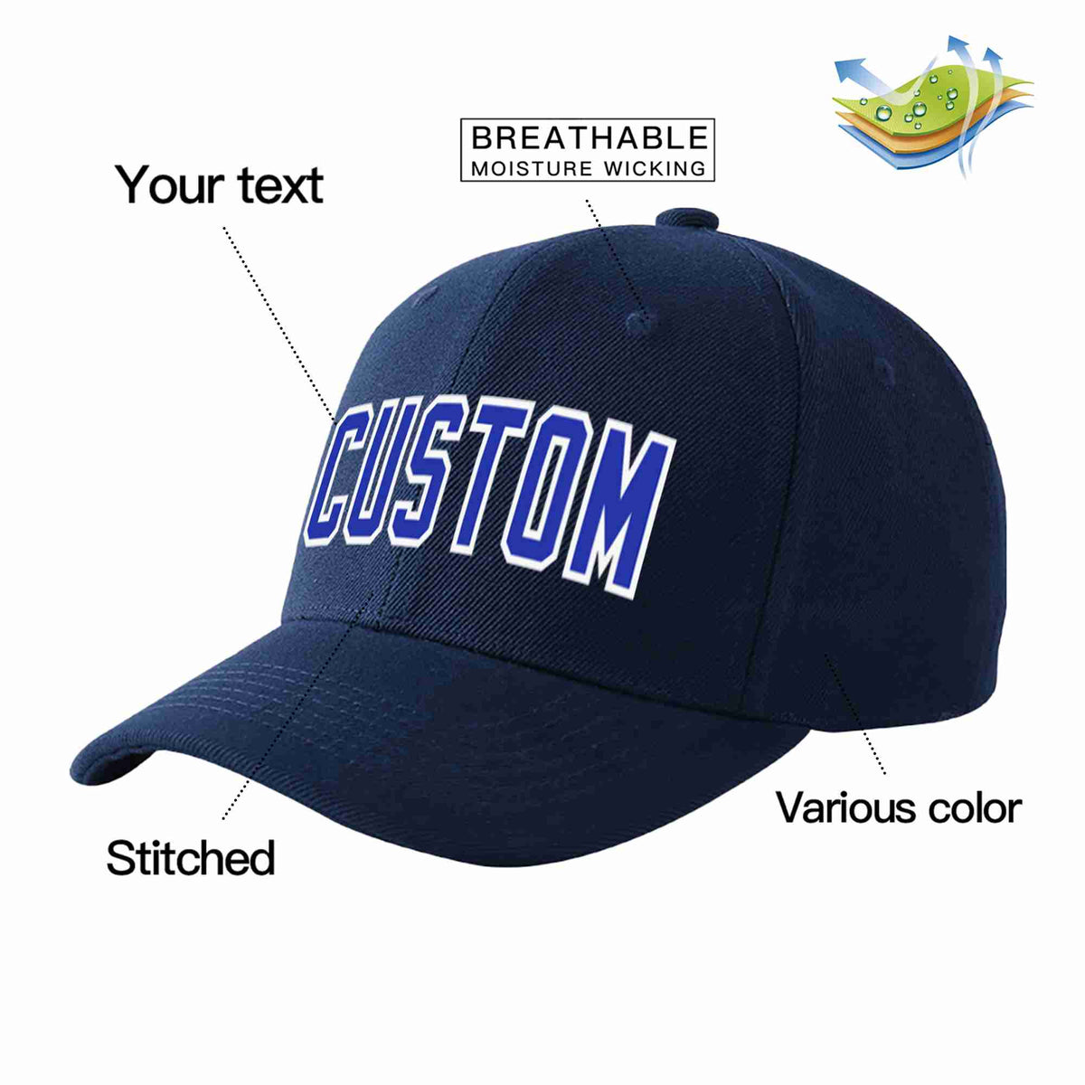 Custom Navy Royal-White Curved Eaves Sport Baseball Cap Design for Men/Women/Youth