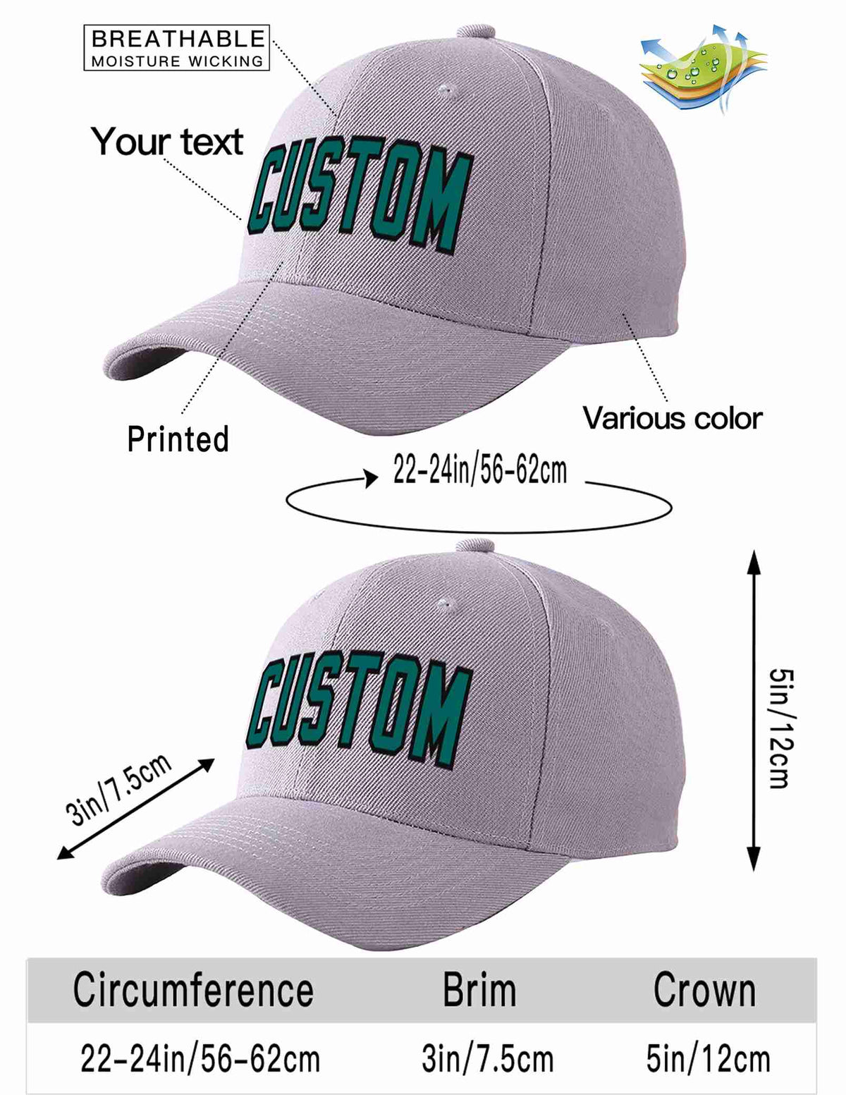 Custom Gray Aqua-Black Curved Eaves Sport Baseball Cap Design for Men/Women/Youth