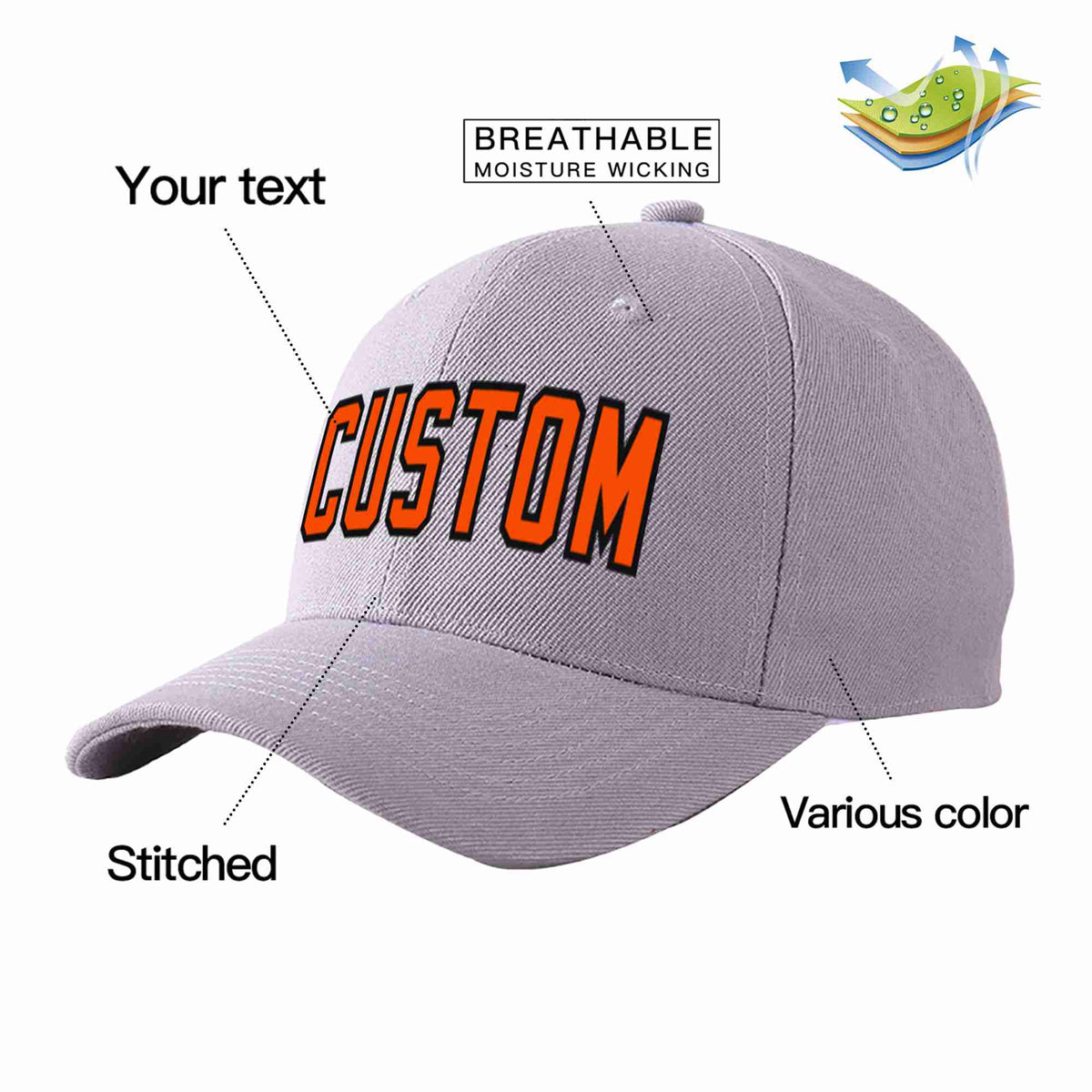 Custom Gray Orange-Black Curved Eaves Sport Baseball Cap Design for Men/Women/Youth
